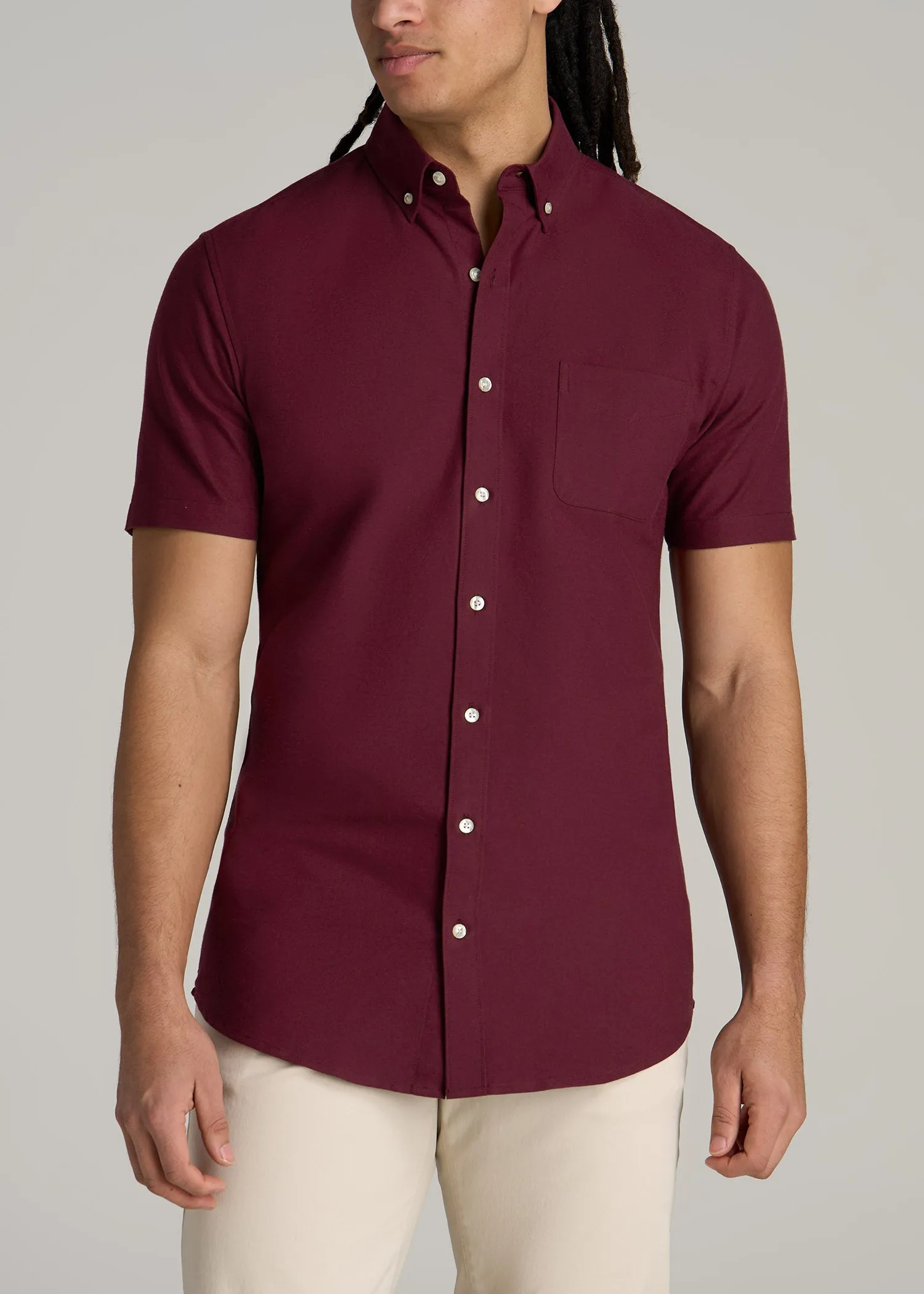 Short Sleeve Oxford Button Shirt For Tall Men in Dark Cherry sold by American Tall