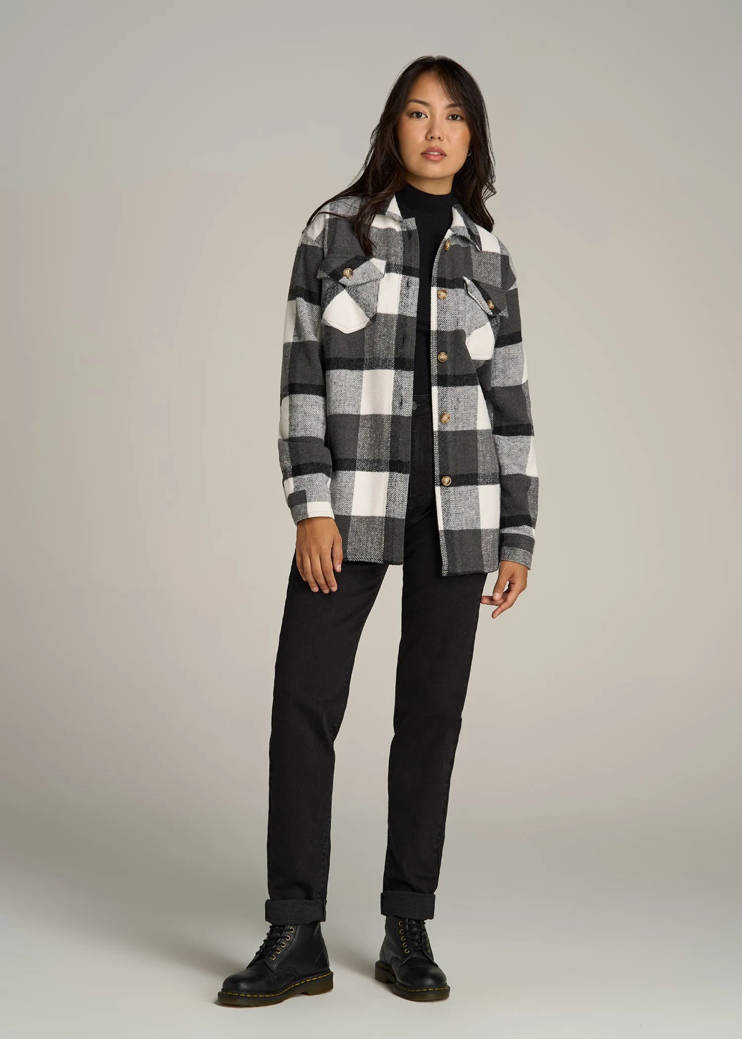 Flannel Shacket for Tall Women in Grey and Black Plaid sold by American Tall product image thumbnail 4