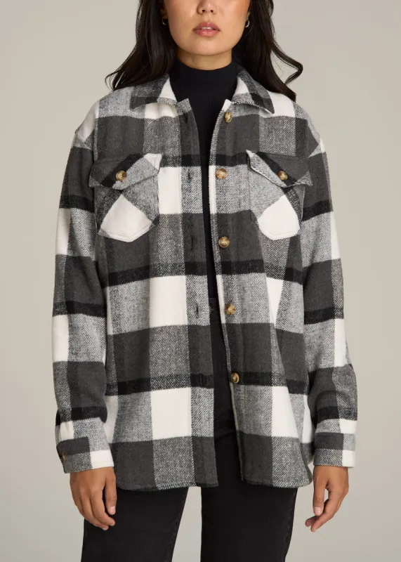 Flannel Shacket for Tall Women in Grey and Black Plaid sold by American Tall