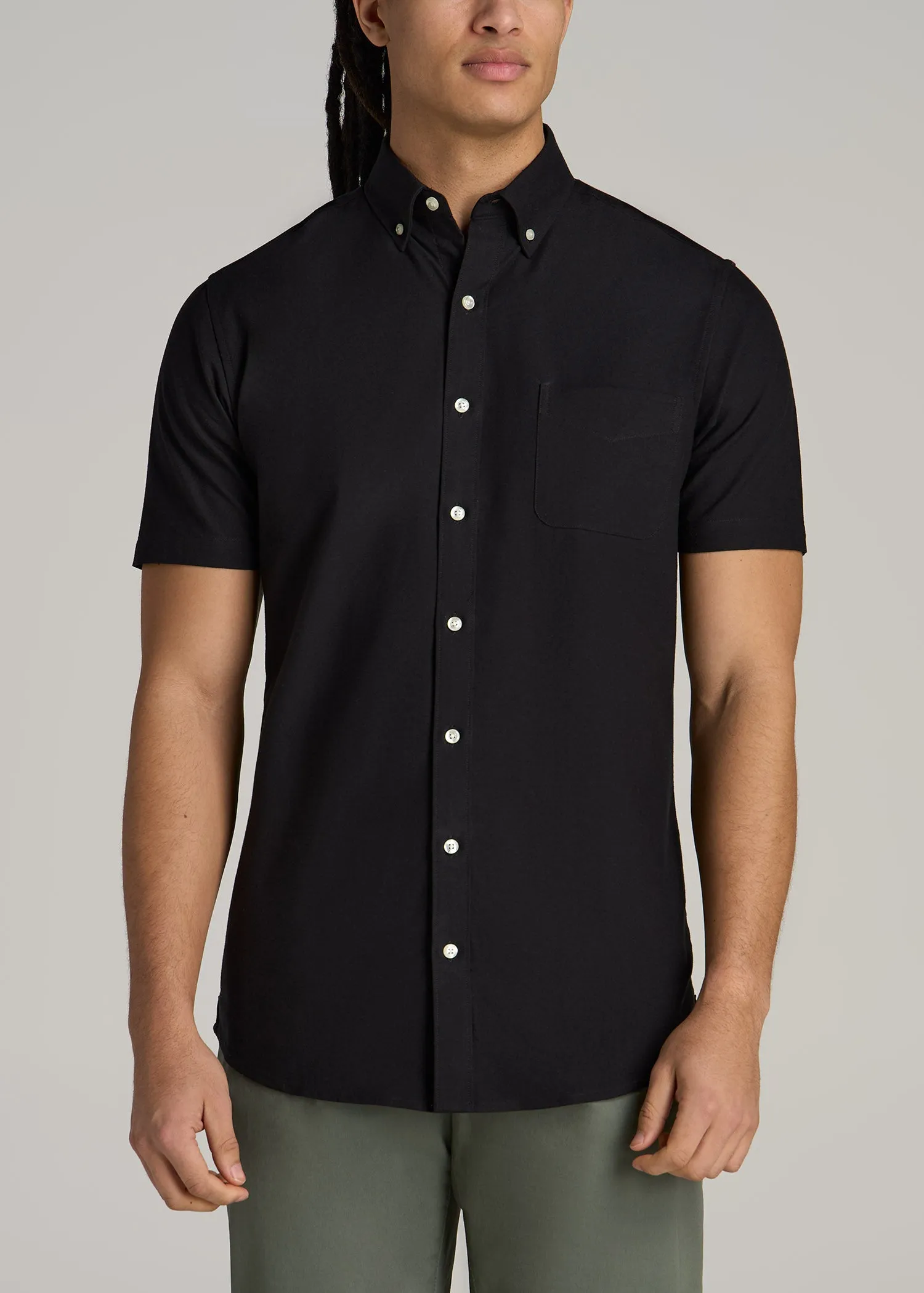 Short Sleeve Oxford Button Shirt For Tall Men in Black sold by American Tall