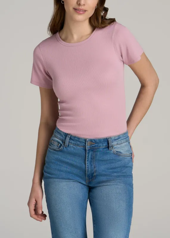 Short Sleeve Crew Neck Ribbed T-Shirt for Tall Women in Pink Peony sold by American Tall