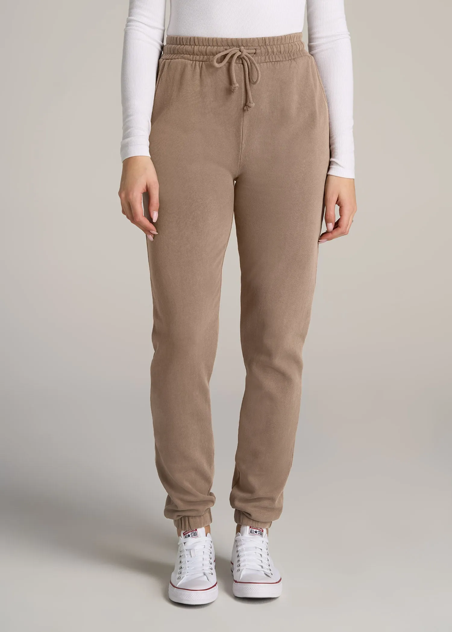 Wearever Fleece Slim Fit High-Waisted Garment Dye Sweatpants for Tall Women in Latte sold by American Tall