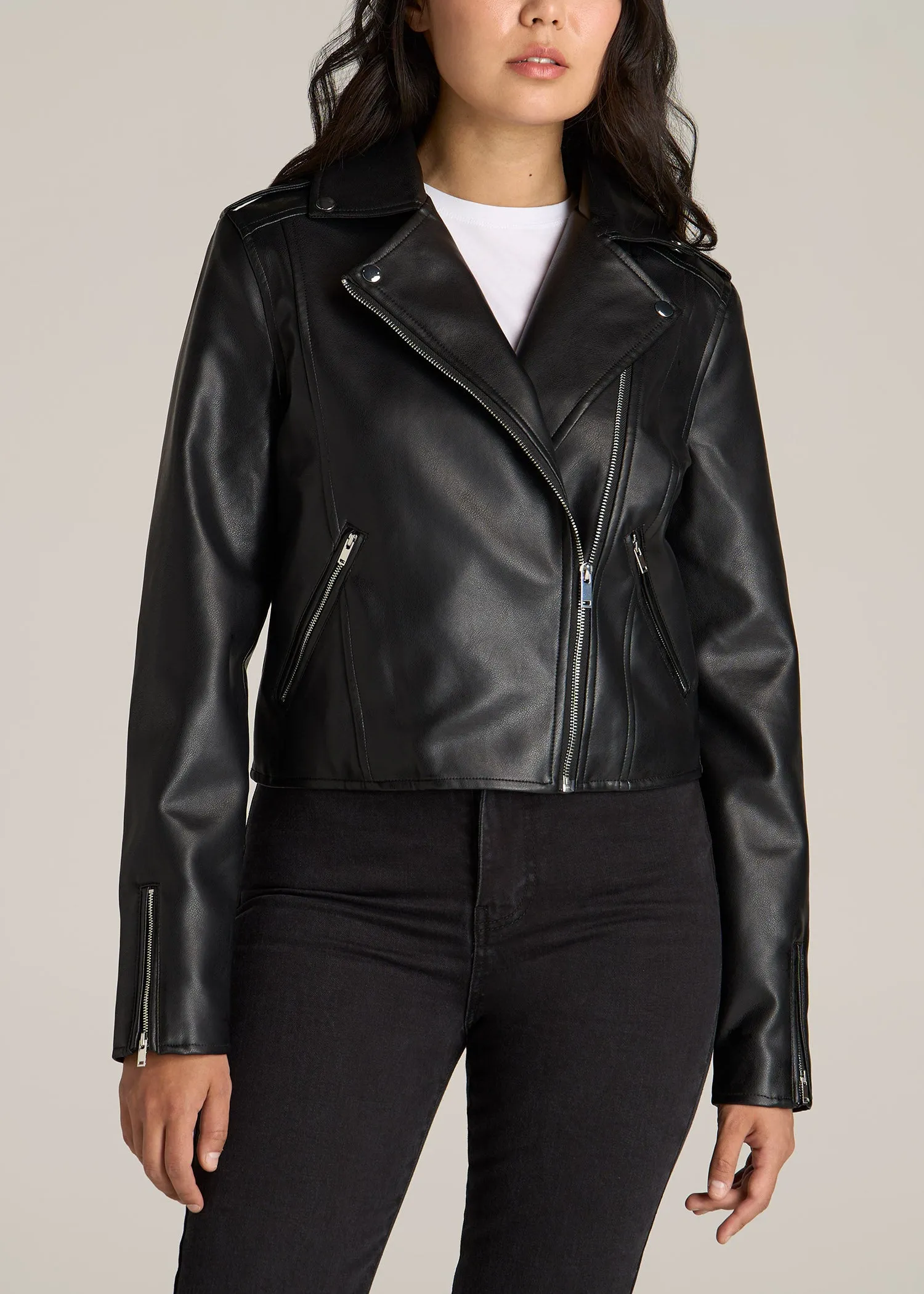 Cropped True Touch Leather Moto Jacket for Tall Women in Black