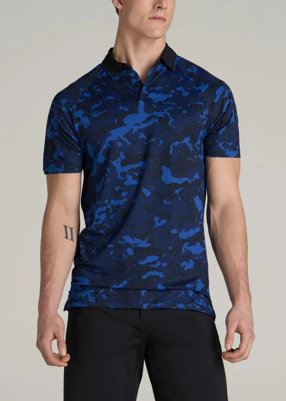 Contrast Collar A.T. Performance Print Golf Tall Men's Polo Shirt in Blue and Black Camo sold by American Tall