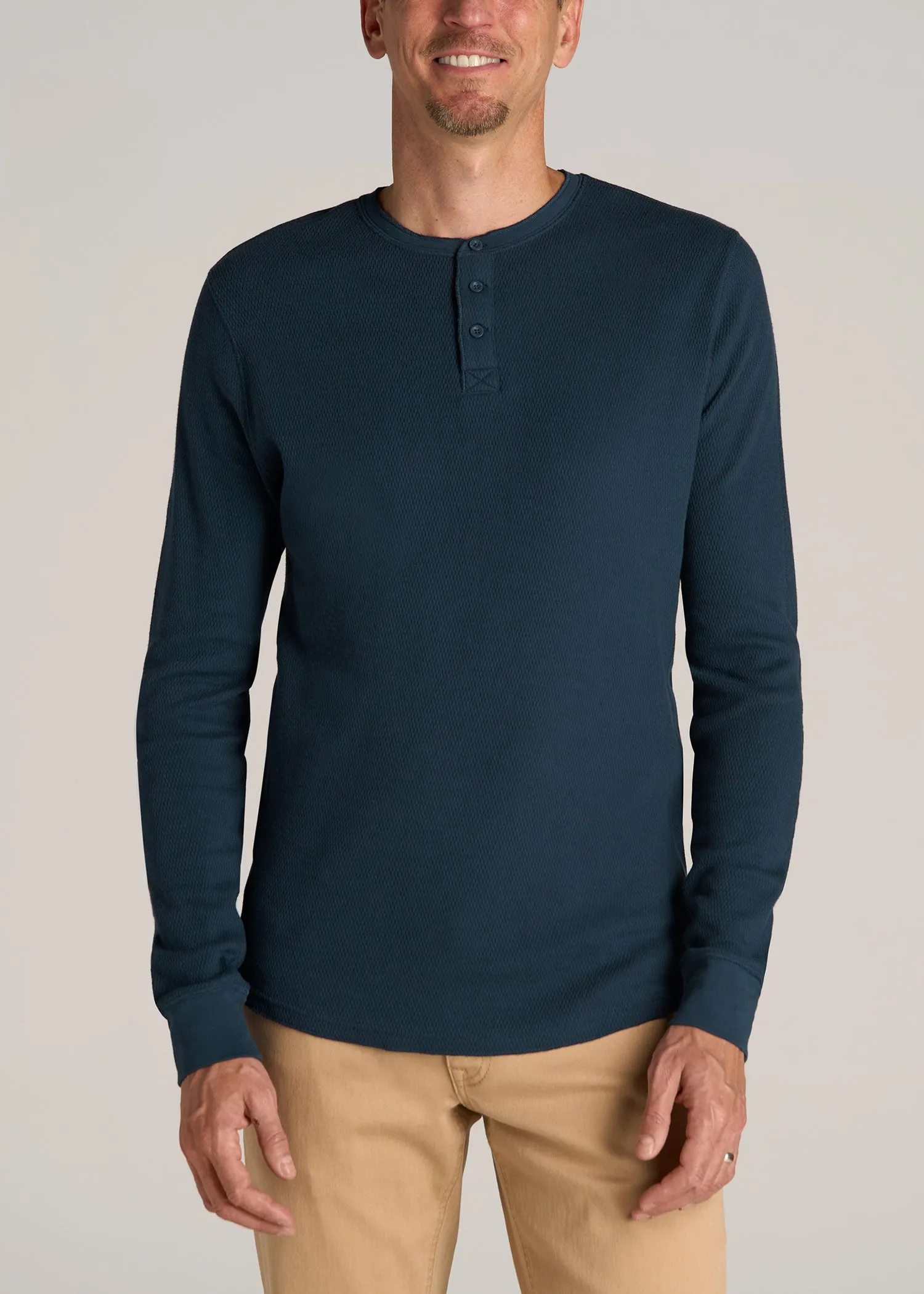 Double Honeycomb Thermal Long-Sleeve Henley Shirt for Tall Men in True Navy sold by American Tall