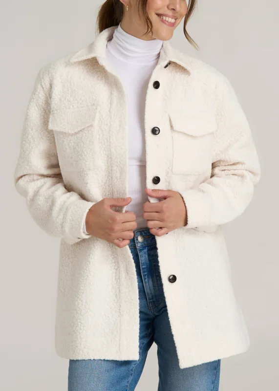 Relaxed Boucle Tall Women's Shacket in Winter White sold by American Tall