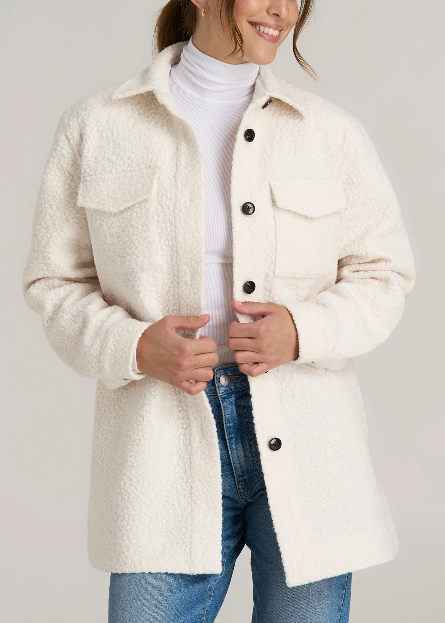 Relaxed Boucle Shacket for Tall Women in Winter White sold by American Tall