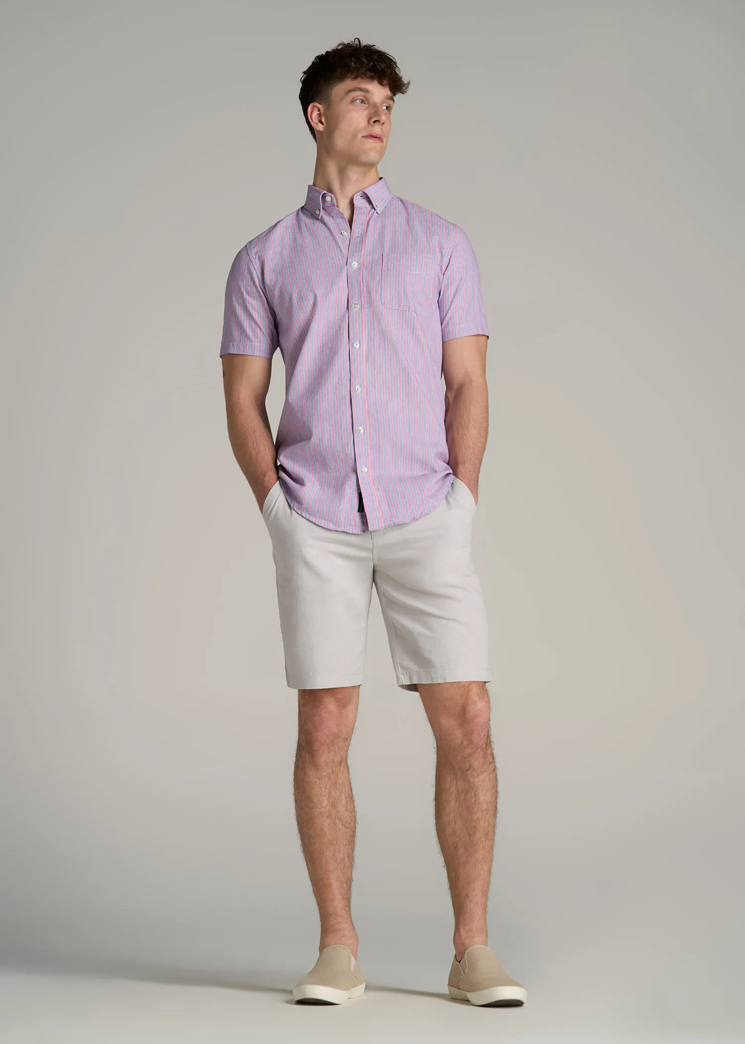 Short Sleeve Shirt for Tall Men in Blue and Rose Stripe sold by American Tall product image thumbnail 5