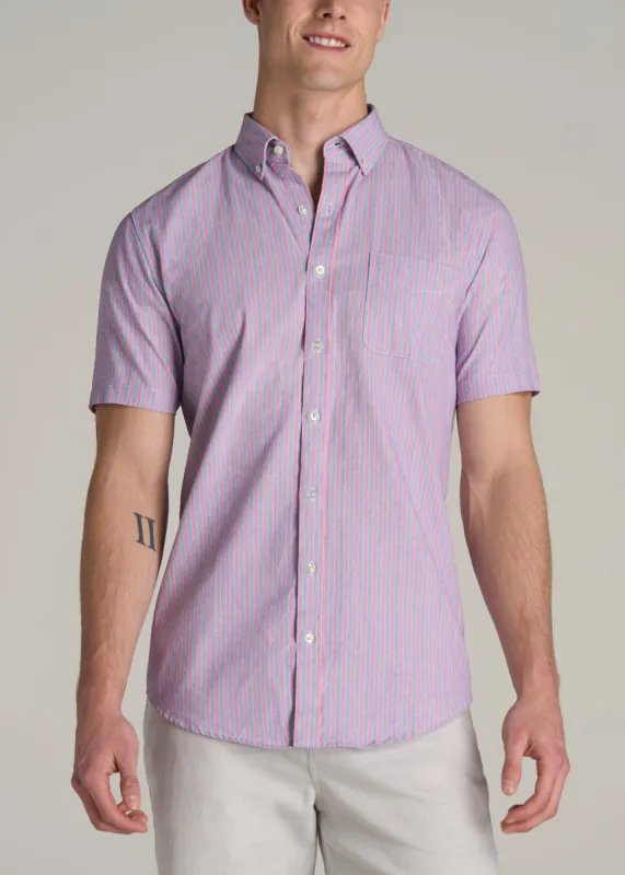 Short Sleeve Shirt for Tall Men in Blue and Rose Stripe sold by American Tall