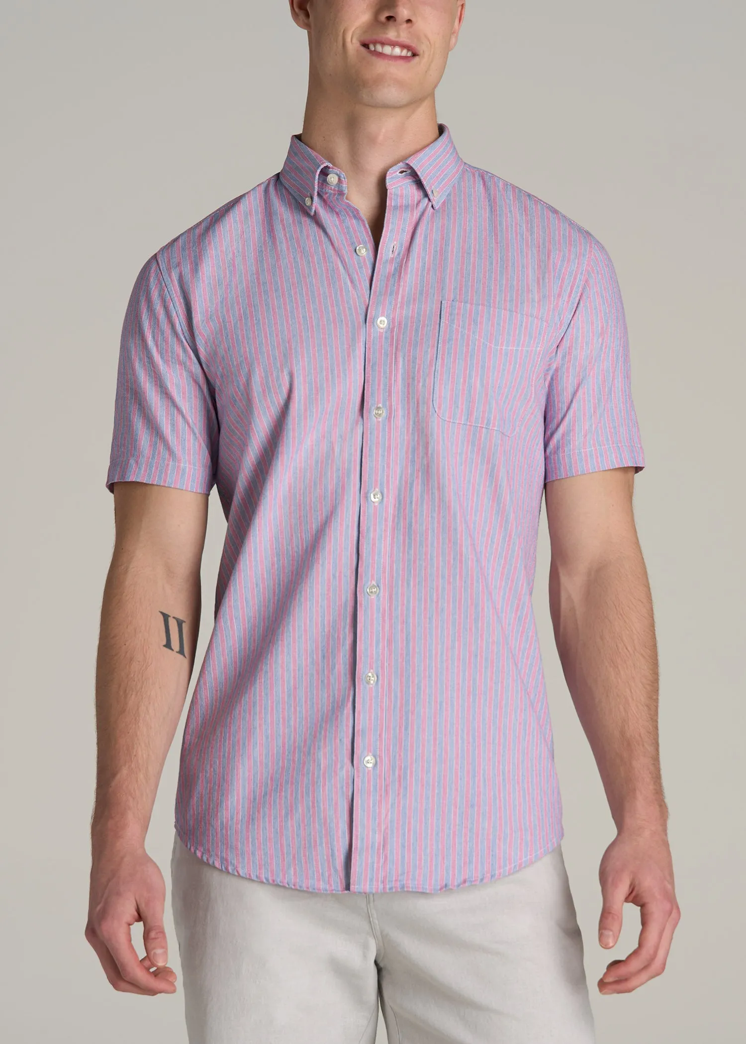 Short Sleeve Shirt for Tall Men in Blue and Rose Stripe sold by American Tall