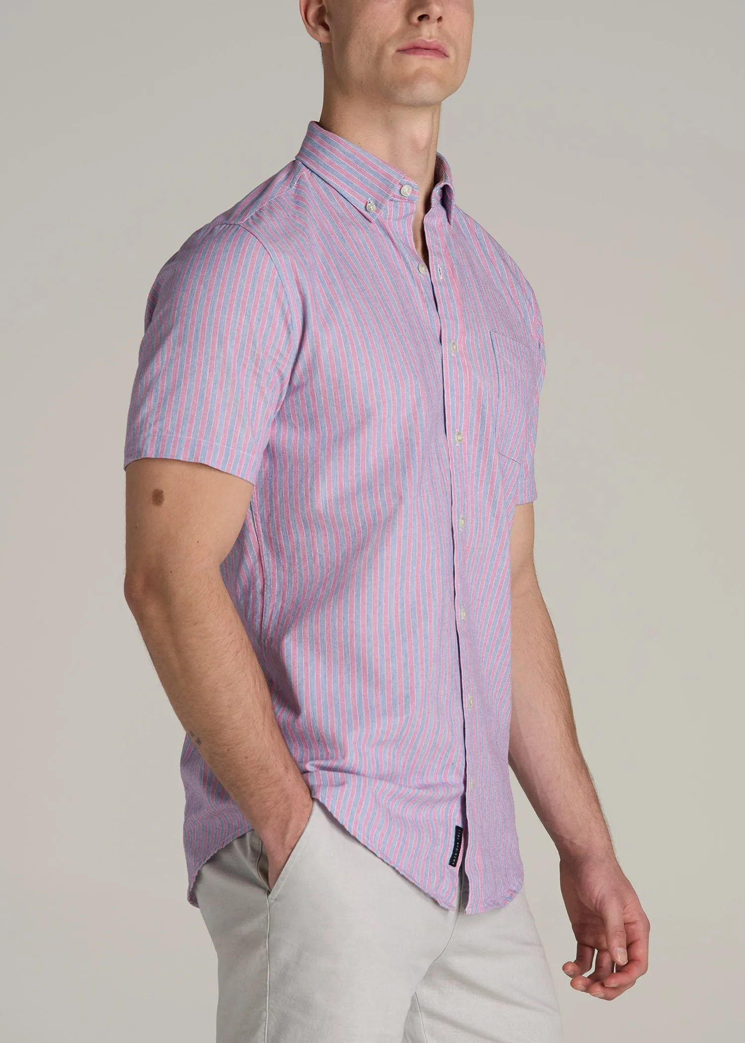 Short Sleeve Shirt for Tall Men in Blue and Rose Stripe sold by American Tall product image thumbnail 3