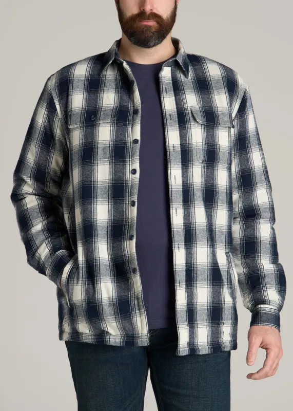 LJ&S Men's Tall Sherpa Lined Shirt Jacket in Midnight Navy & Ecru Plaid sold by American Tall
