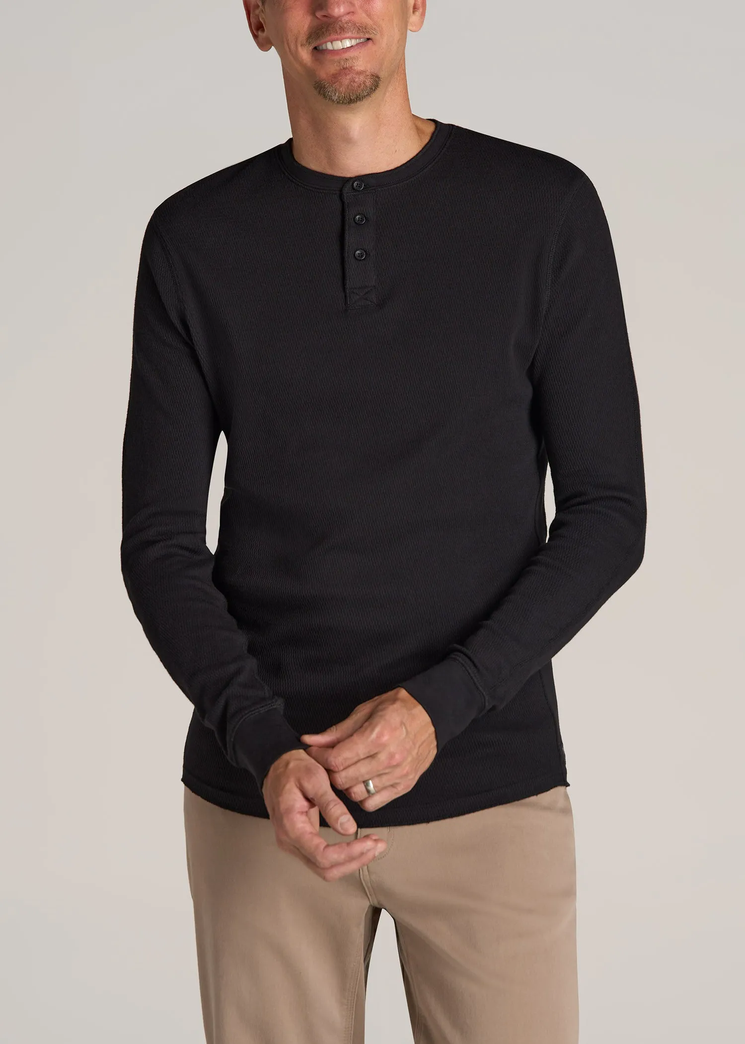 Double Honeycomb Thermal Long-Sleeve Henley Shirt for Tall Men in Black sold by American Tall