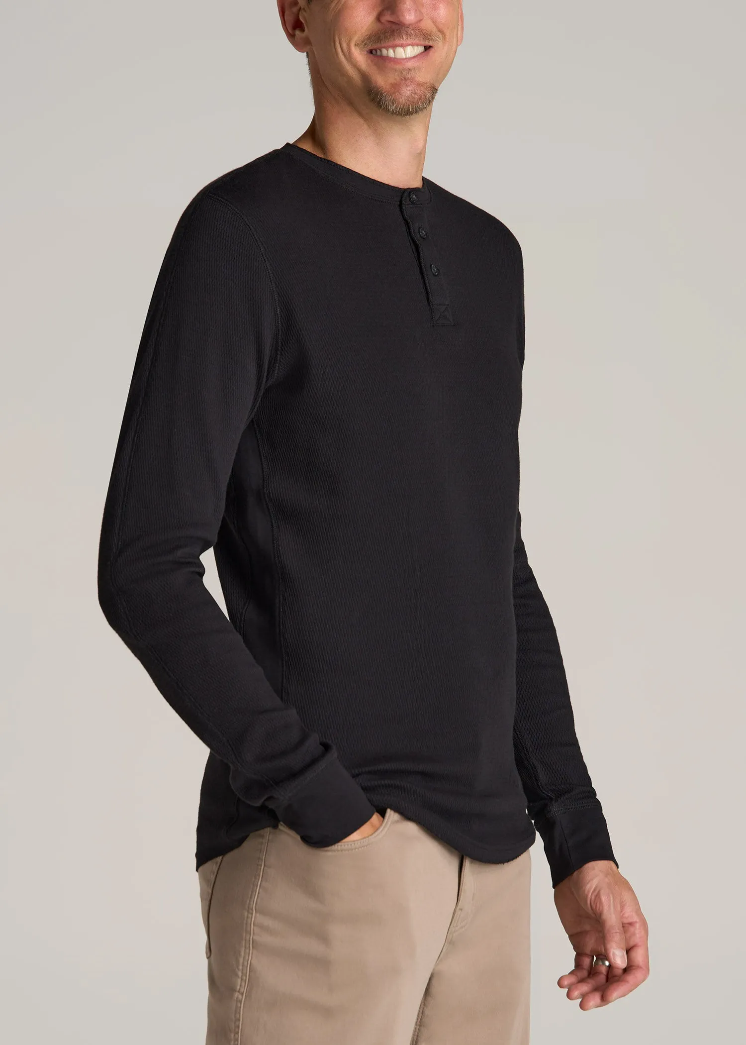 Double Honeycomb Thermal Long-Sleeve Henley Shirt for Tall Men in Black sold by American Tall product image thumbnail 3