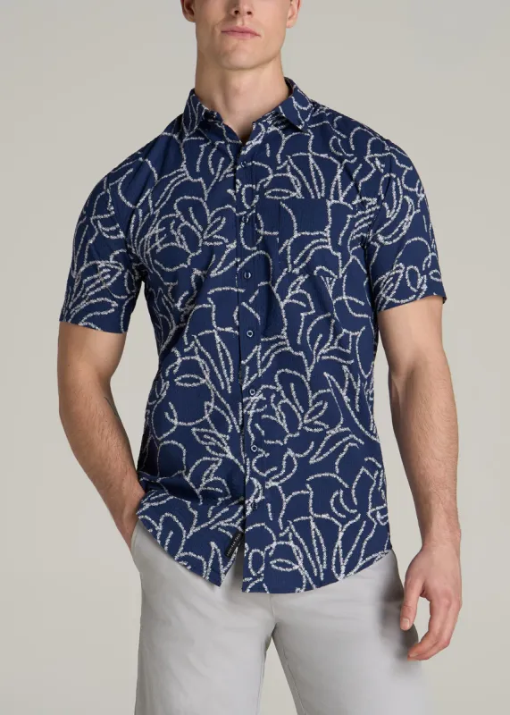 Seersucker Tall Men's Short Sleeve Shirt in Navy Botanist Print sold by American Tall