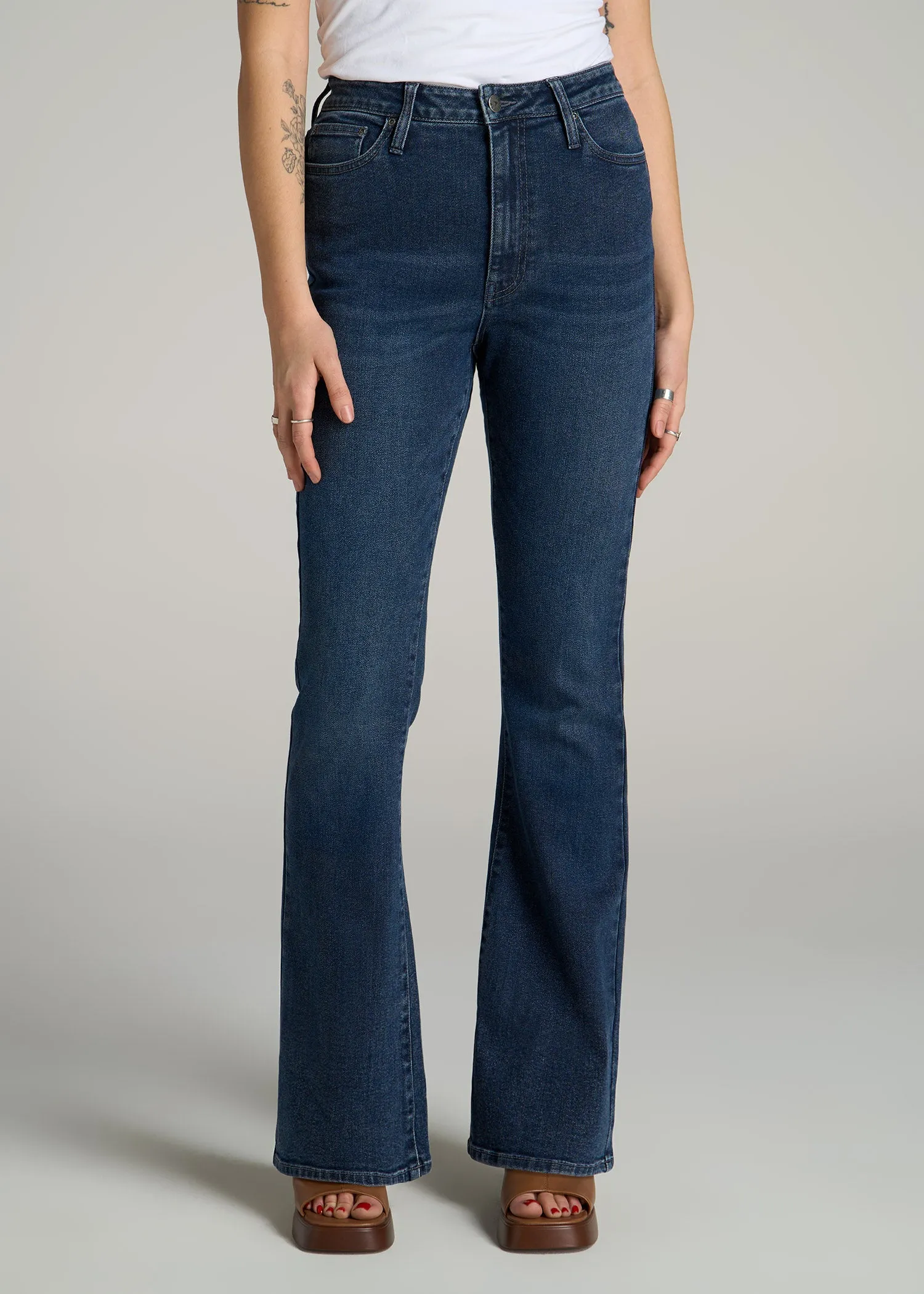 Chloe High Rise Flare Jeans for Tall Women in Faded Dark Indigo sold by American Tall