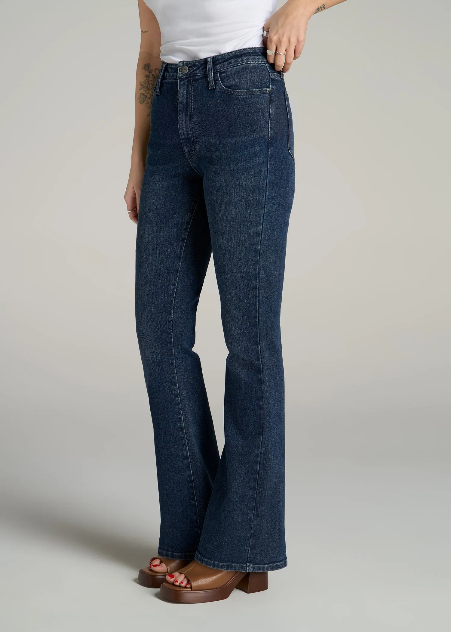 Chloe High Rise Flare Jeans for Tall Women in Faded Dark Indigo sold by American Tall product image thumbnail 3