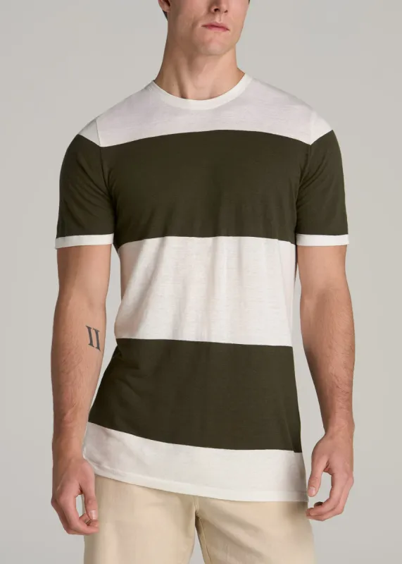Linen Crewneck T-Shirt for Tall Men in Olive and Ecru Stripe sold by American Tall