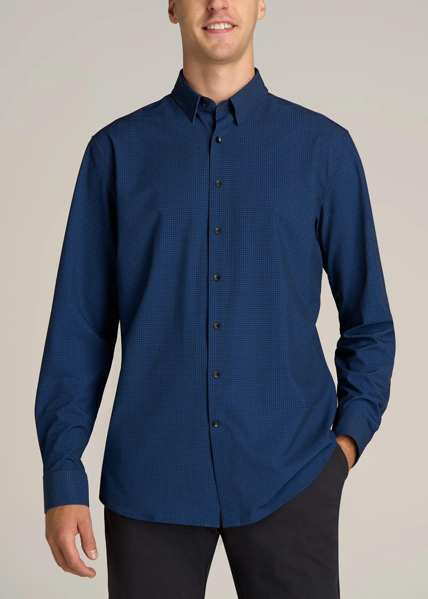 Traveler Stretch Dress Shirt for Tall Men in Black and Blue Micro Check sold by American Tall