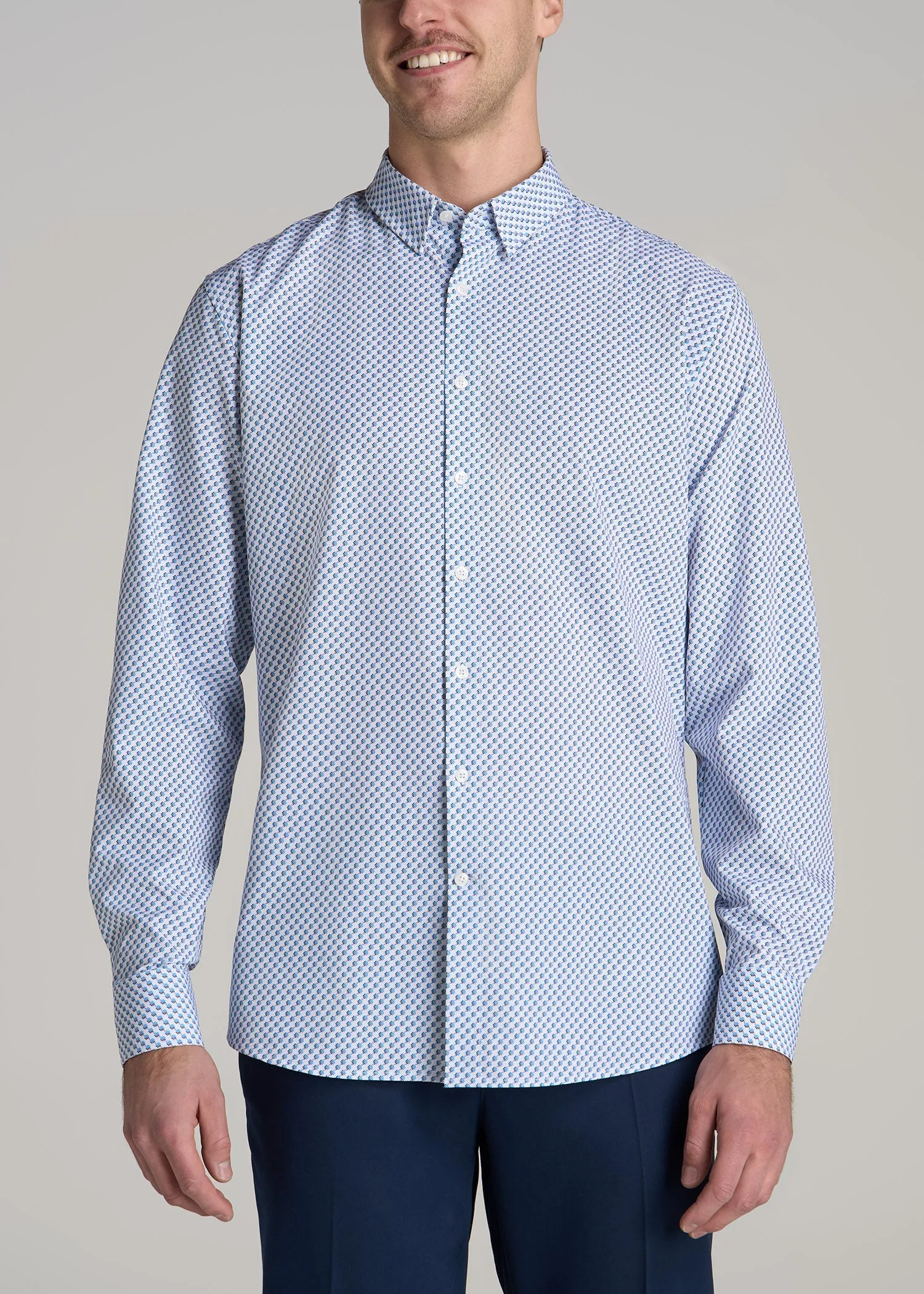 Traveler Stretch Dress Shirt for Tall Men in Light Blue Geometric sold by American Tall