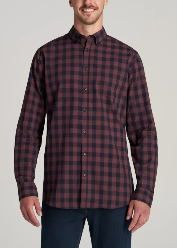 Soft-Wash Button-Up Shirt for Tall Men in Navy & Maroon Check sold by American Tall