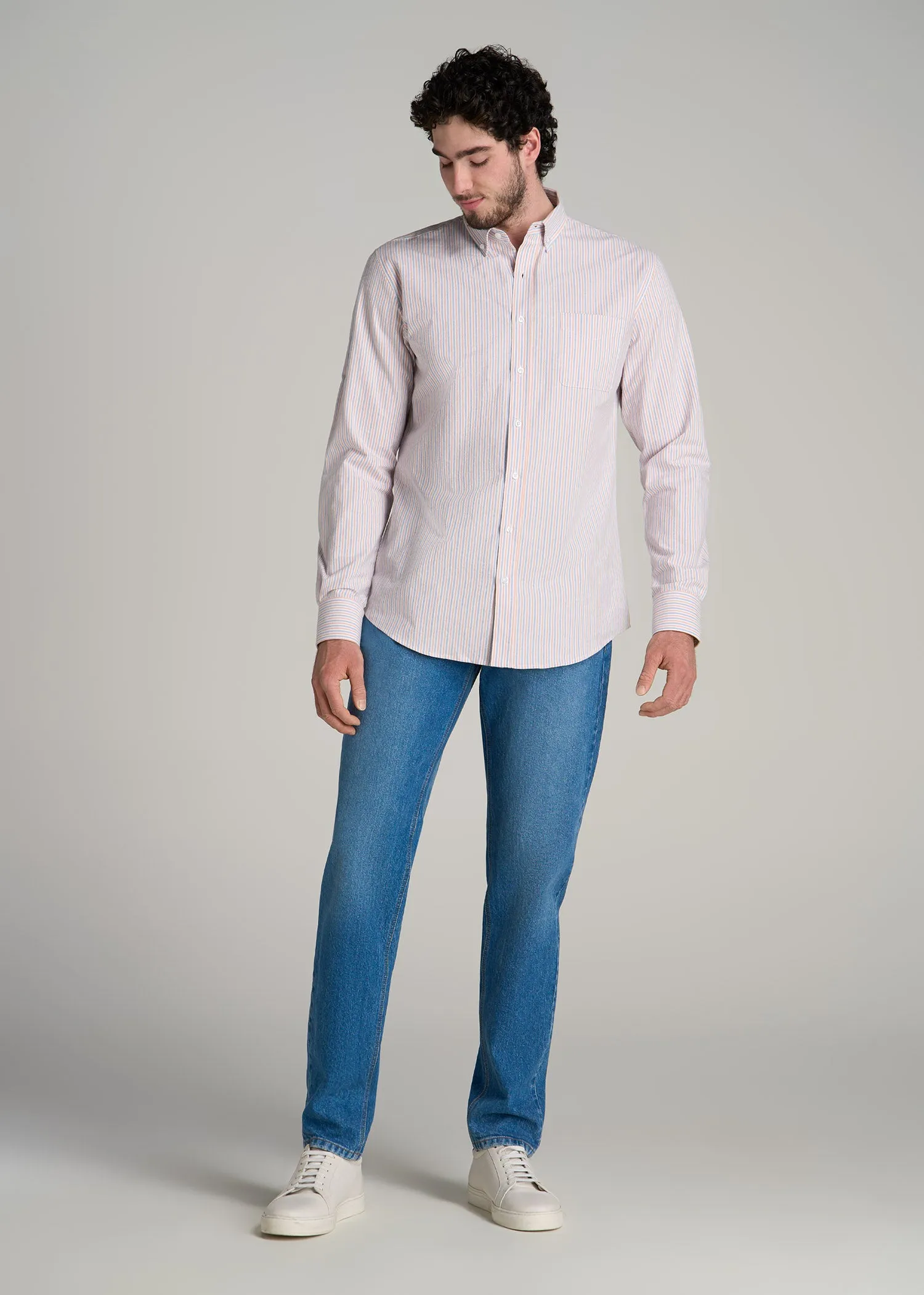 Washed Oxford Shirt for Tall Men in Apricot and Blue Multi Stripe sold by American Tall product image thumbnail 4