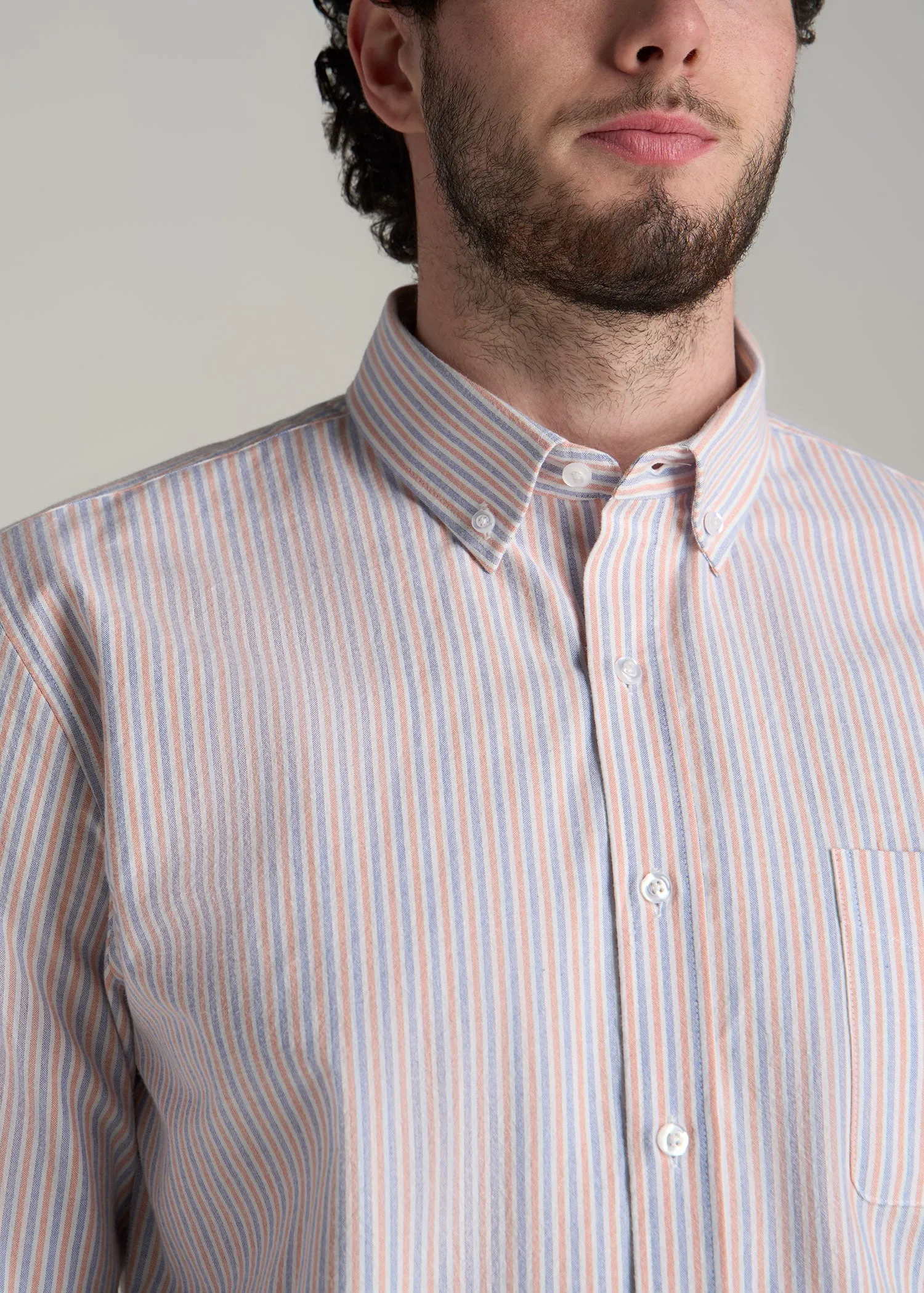 Washed Oxford Shirt for Tall Men in Apricot and Blue Multi Stripe sold by American Tall product image thumbnail 2