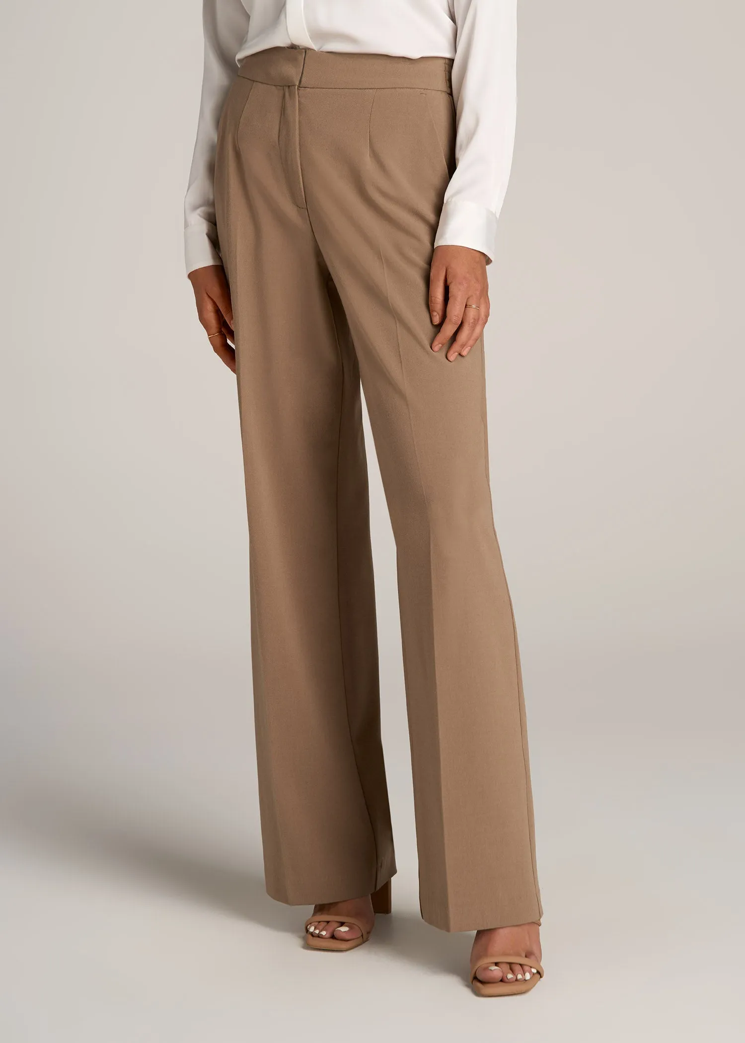 Flat Front Wide Leg Dress Pants for Tall Women in Fawn sold by American Tall