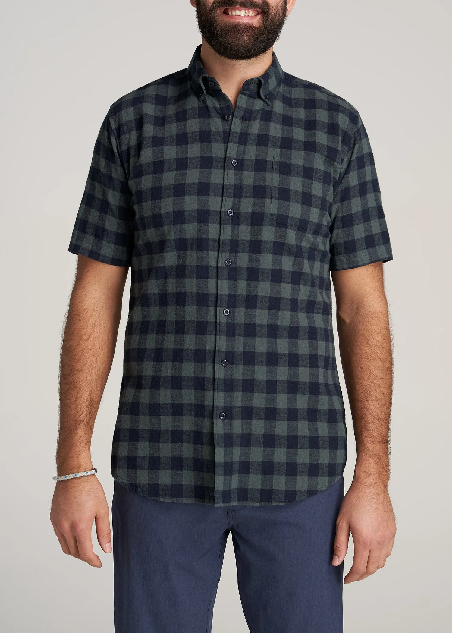 Short Sleeve Shirt for Tall Men in Midnight Blue & Green Plaid sold by American Tall
