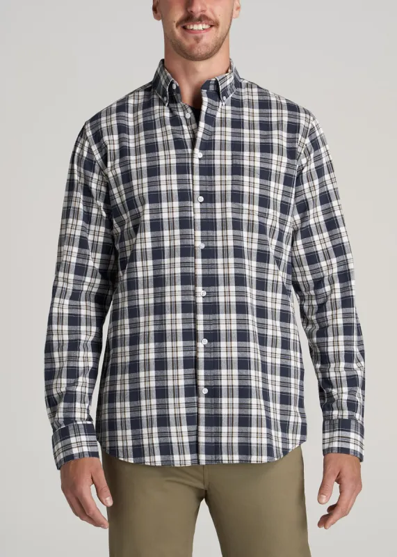 Soft-Wash Button-Up Shirt for Tall Men in Navy and Oak Plaid sold by American Tall