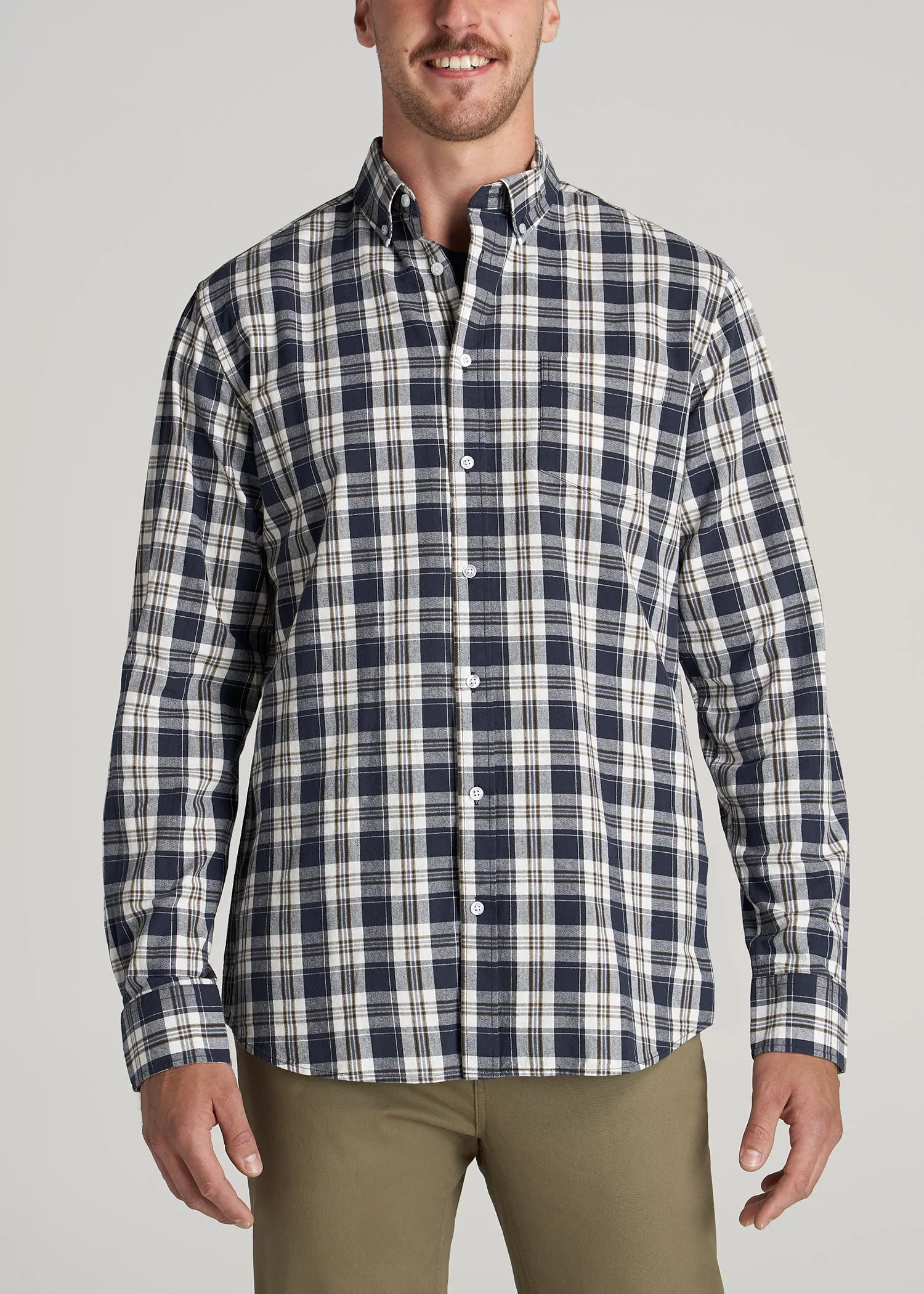 Soft-Wash Button-Up Shirt for Tall Men in Navy and Oak Plaid sold by American Tall