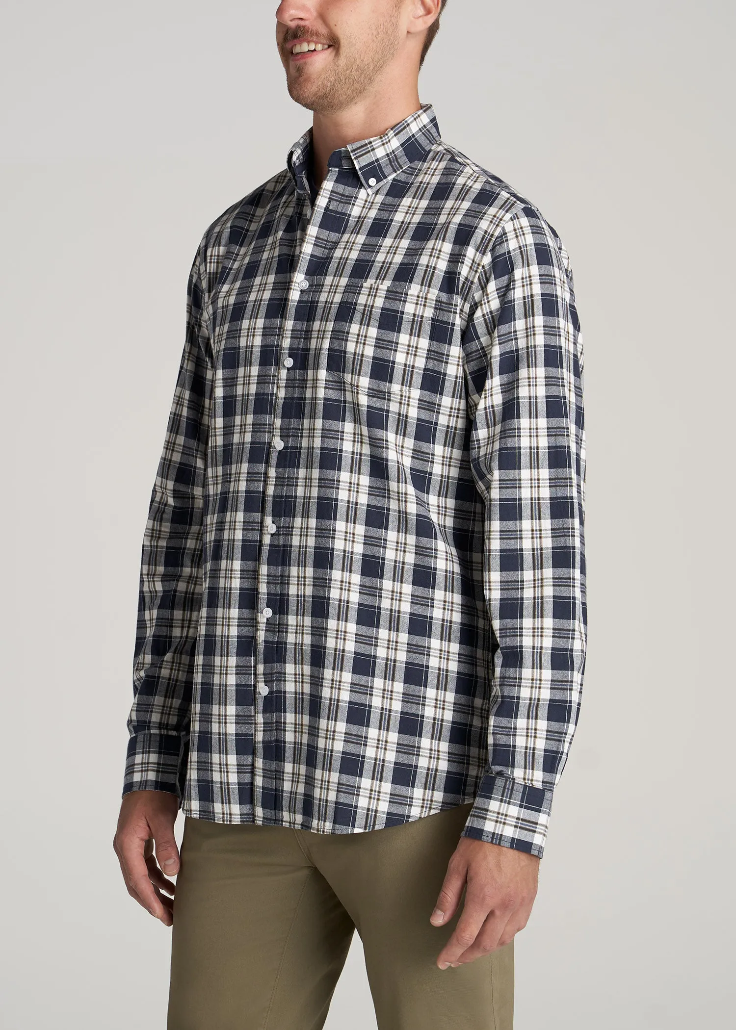 Soft-Wash Button-Up Shirt for Tall Men in Navy and Oak Plaid sold by American Tall product image thumbnail 3