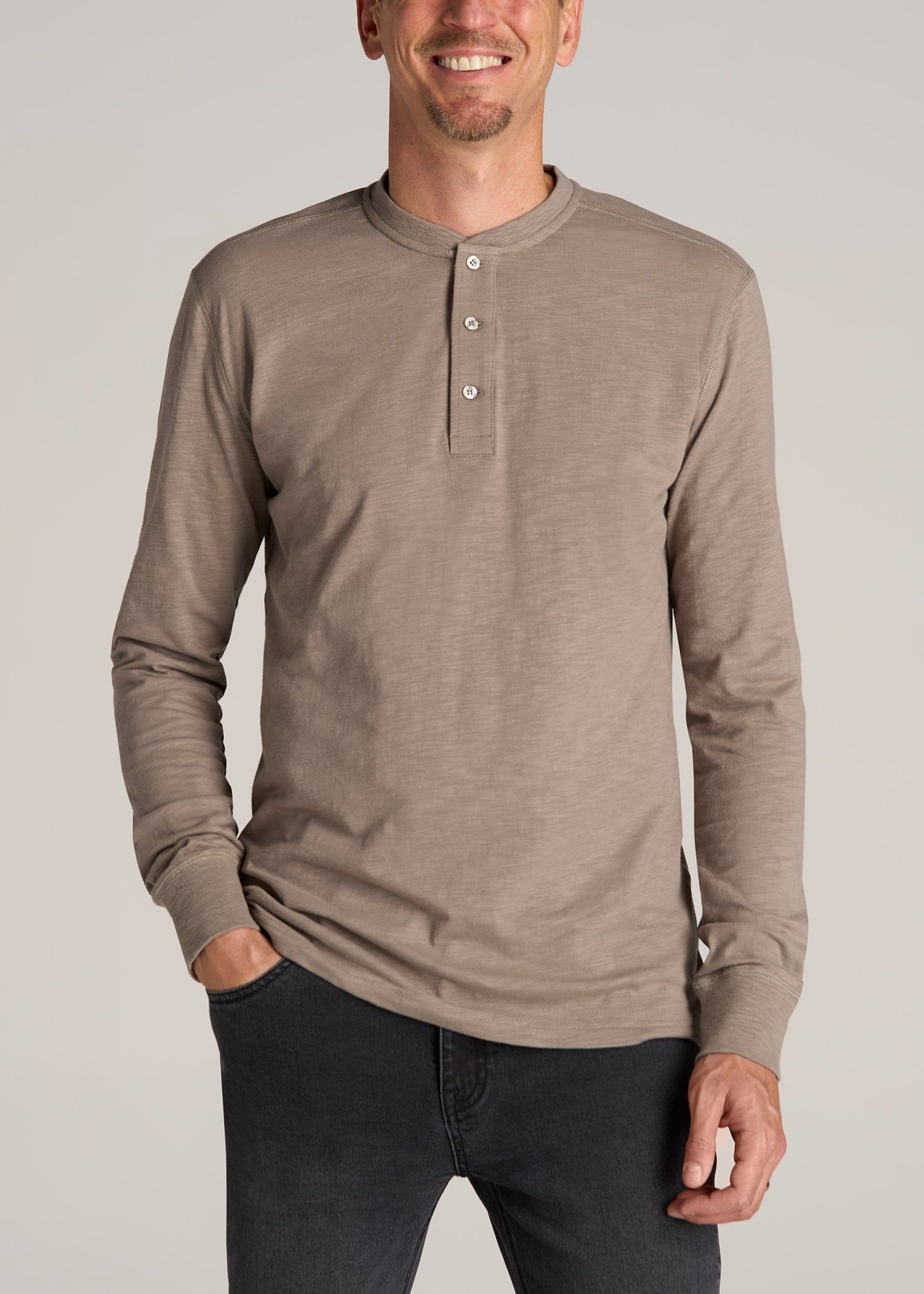 Long Sleeve Slub Henley Shirt for Tall Men in Dark Sand sold by American Tall