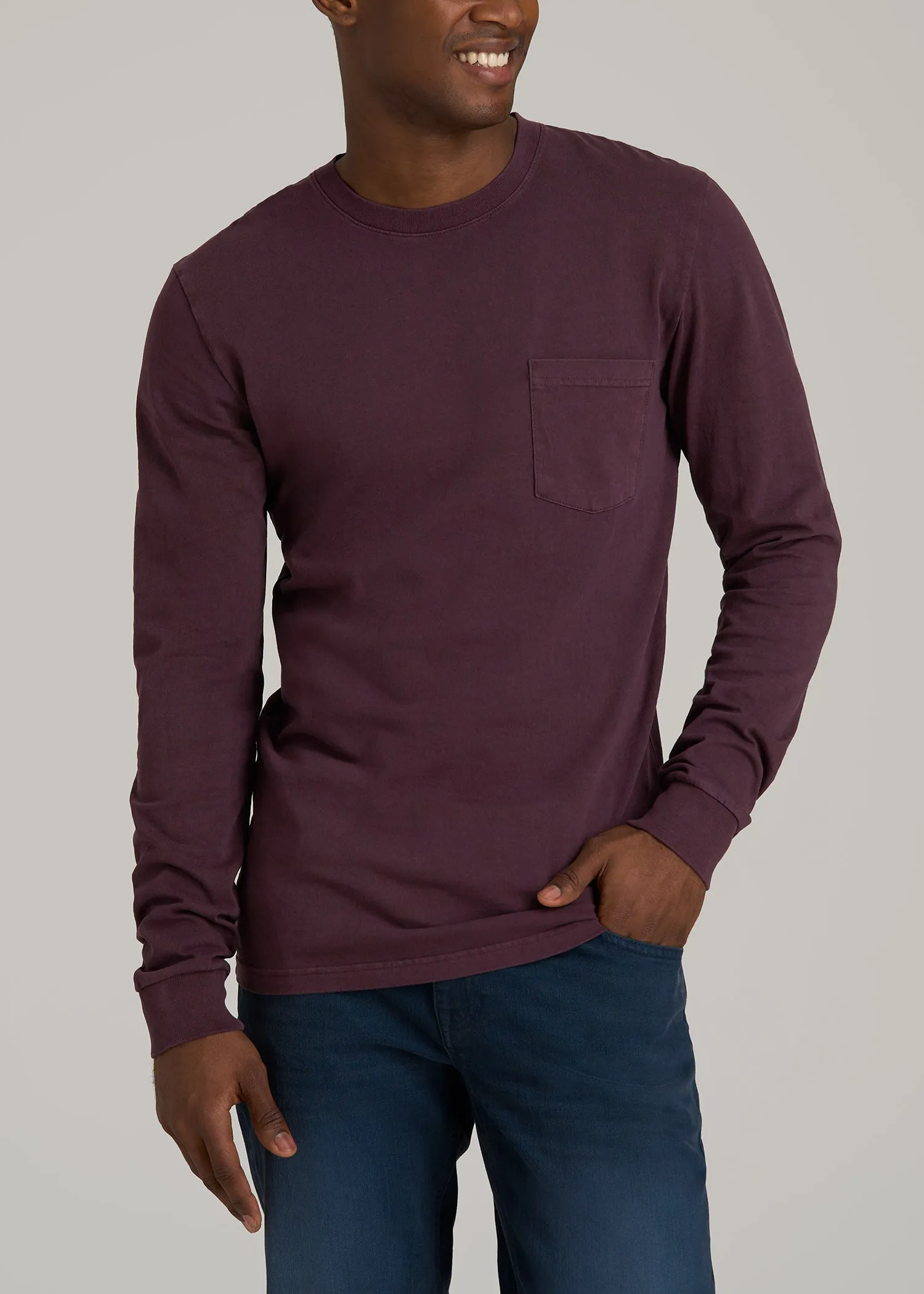 Garment Dyed Long Sleeve Pocket Tall Men's Tee in Deep Purple sold by American Tall