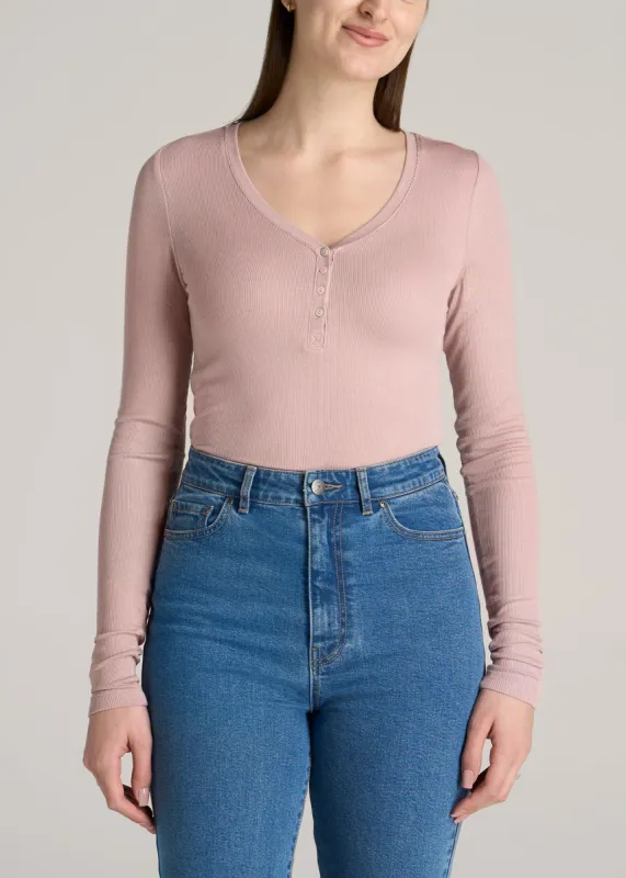 Tall Women's FITTED Ribbed Long Sleeve Henley in Ballerina Pink sold by American Tall