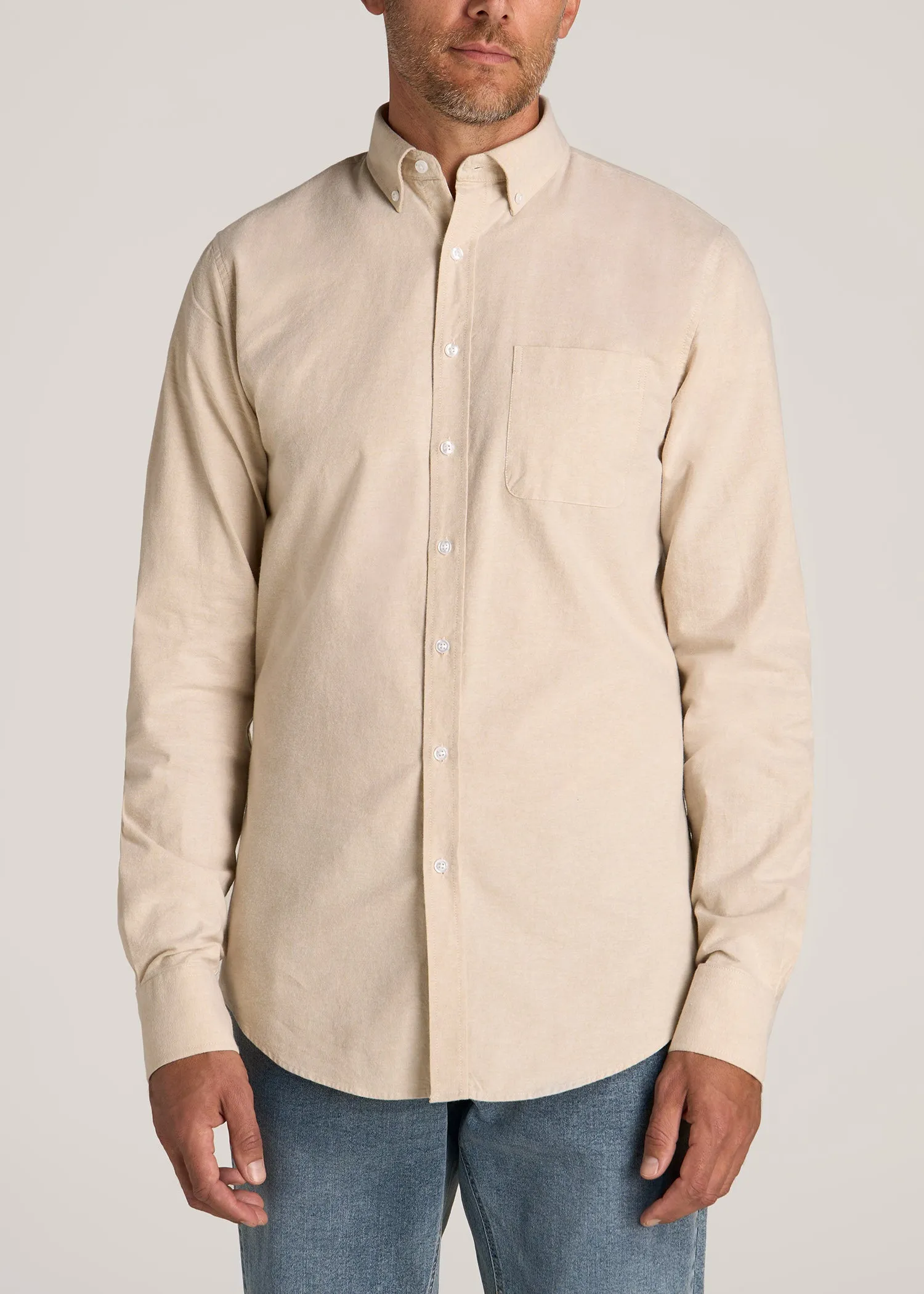 Washed Oxford Shirt for Tall Men in Sandstone sold by American Tall