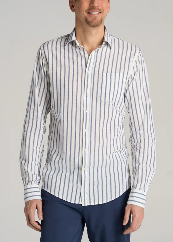 Linen Long Sleeve Shirt for Tall Men in Navy Stripe sold by American Tall