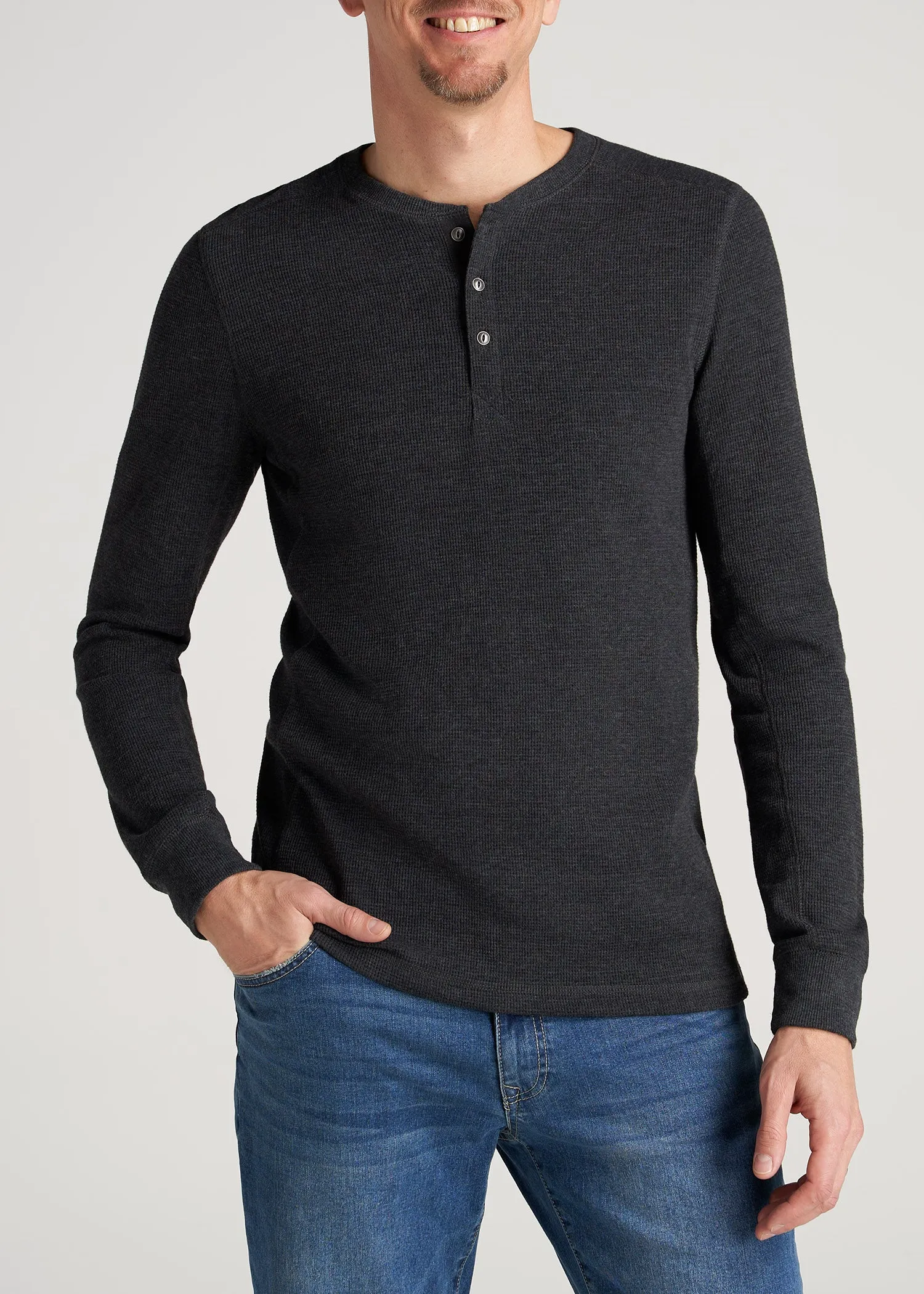 LJ&S Men's Tall Heavy Waffle Henley in Coal Mix sold by American Tall