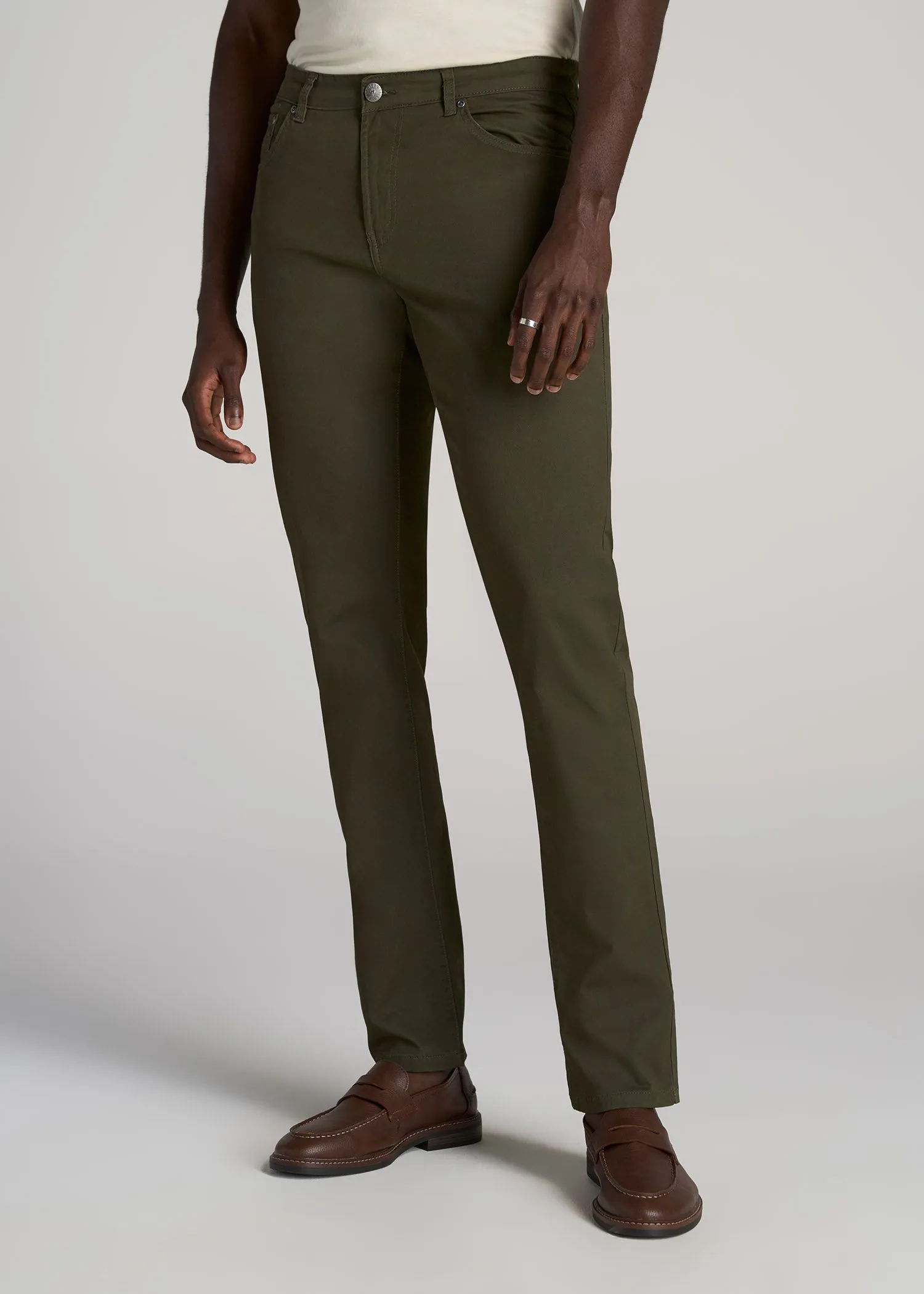 Carman TAPERED Fit Five Pocket Pants for Tall Men in Camo Green sold by American Tall