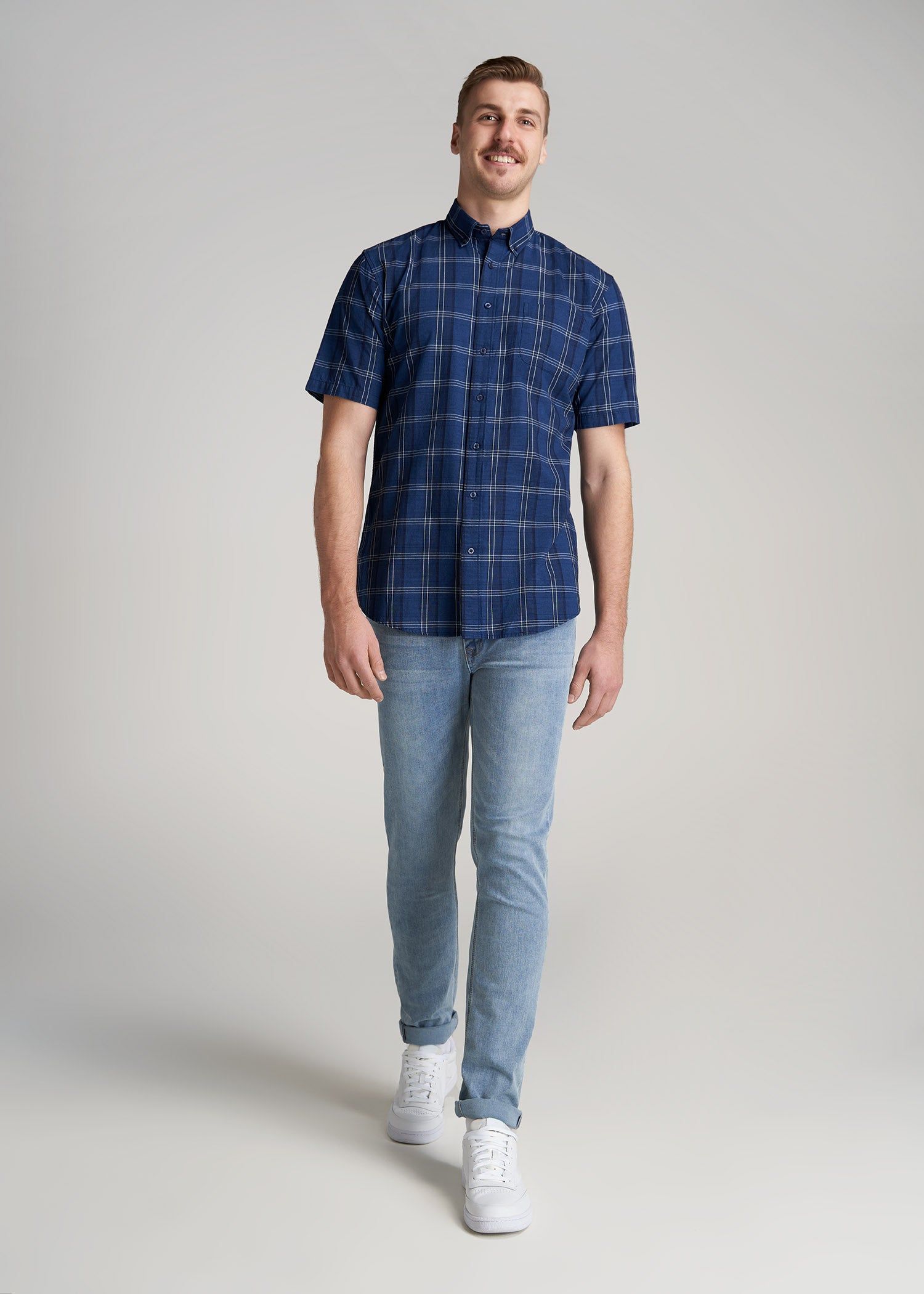 Short Sleeve Shirt for Tall Men in Bold Navy & Indigo Plaid sold by American Tall product image thumbnail 4