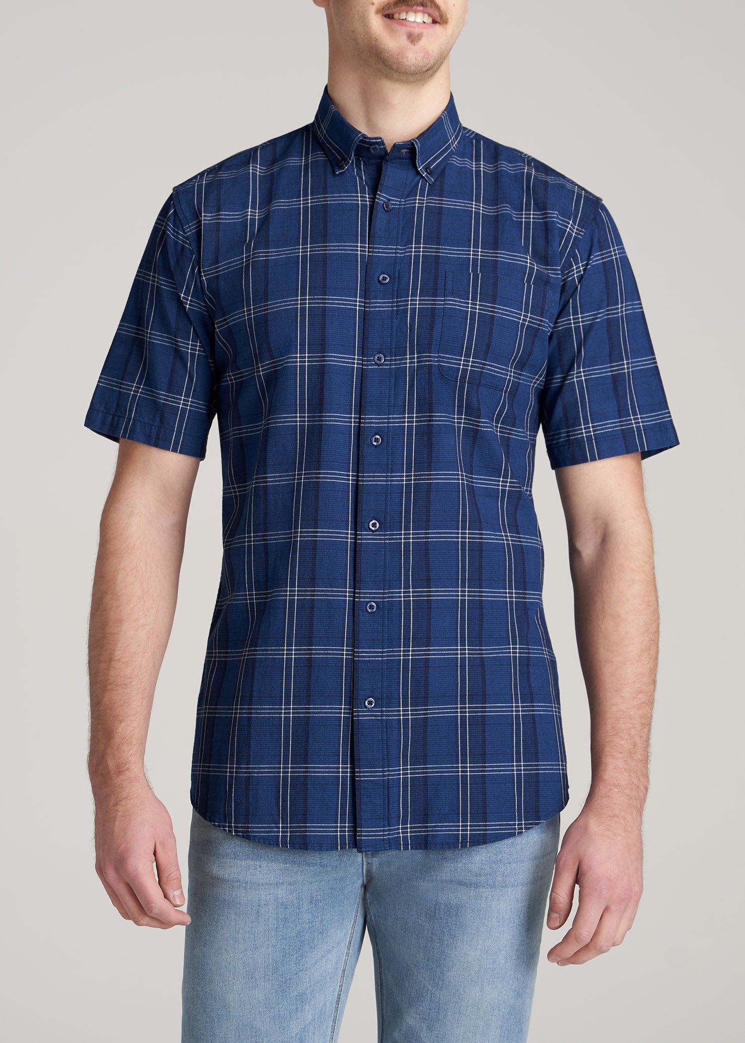 Short Sleeve Shirt for Tall Men in Bold Navy & Indigo Plaid sold by American Tall