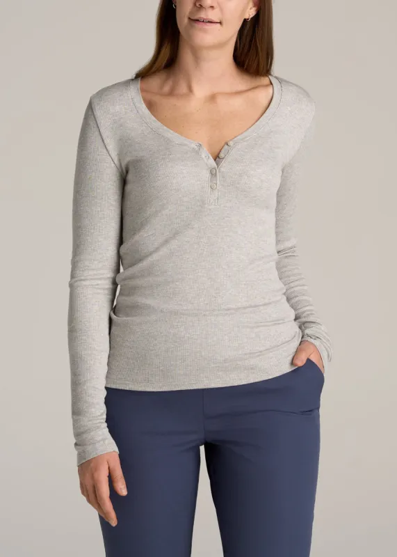 Tall Women's FITTED Ribbed Long Sleeve Henley in Grey Mix sold by American Tall