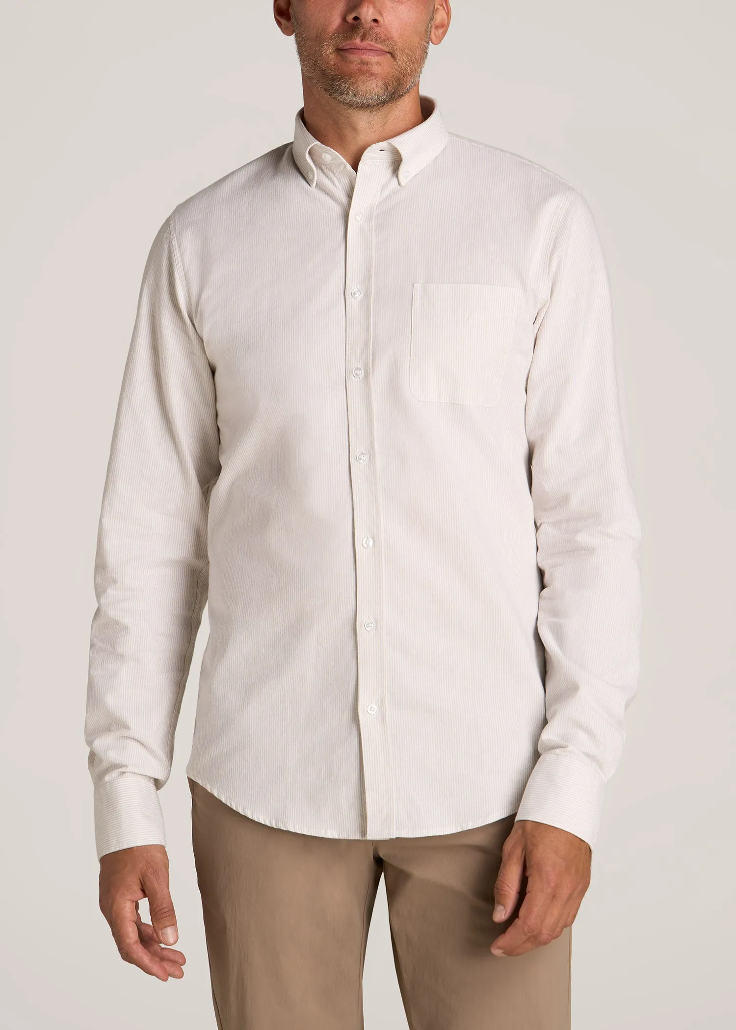 Washed Oxford Shirt for Tall Men in Taupe Mini-stripe sold by American Tall
