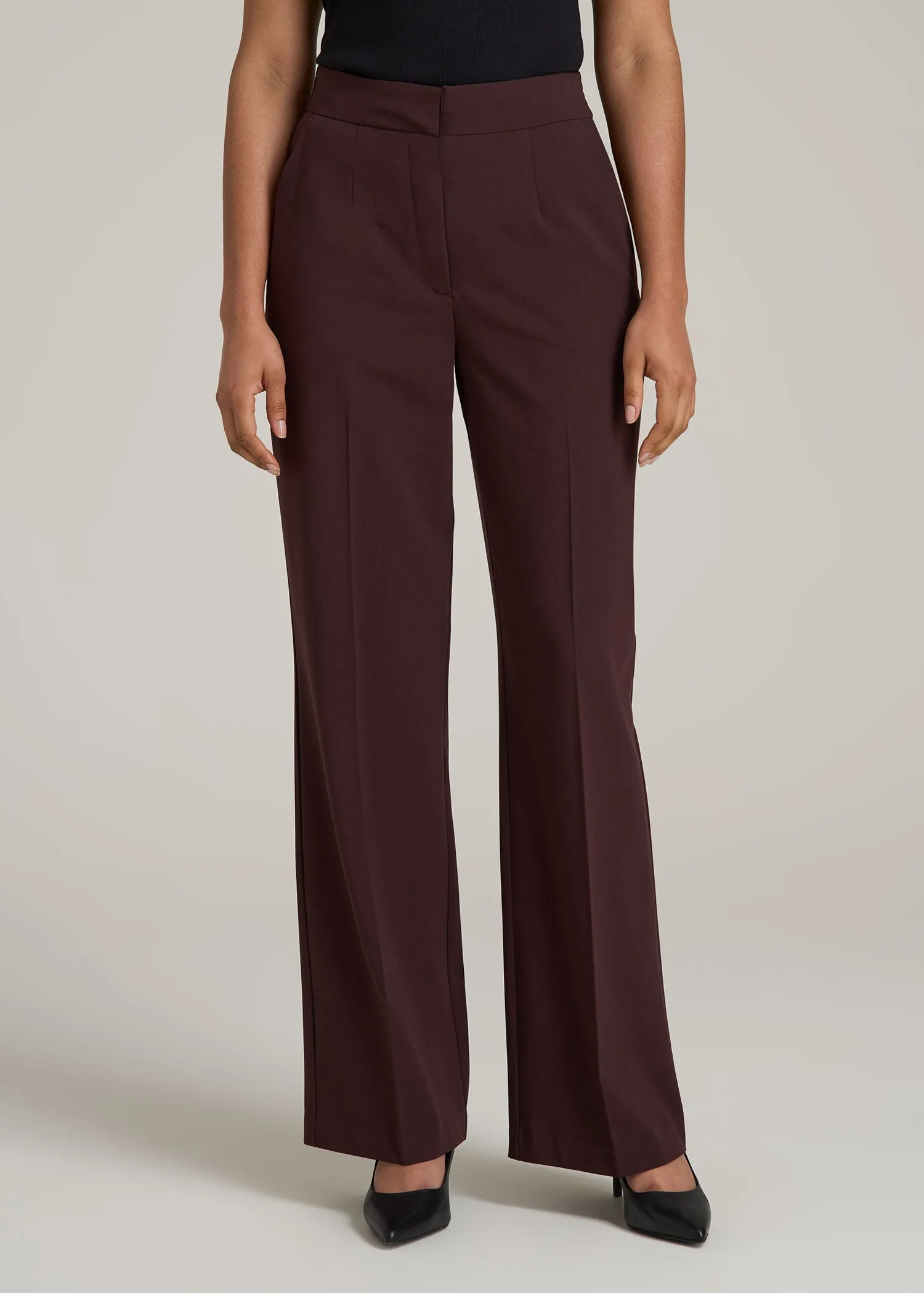 Flat Front Wide Leg Dress Pants for Tall Women in Oxblood sold by American Tall