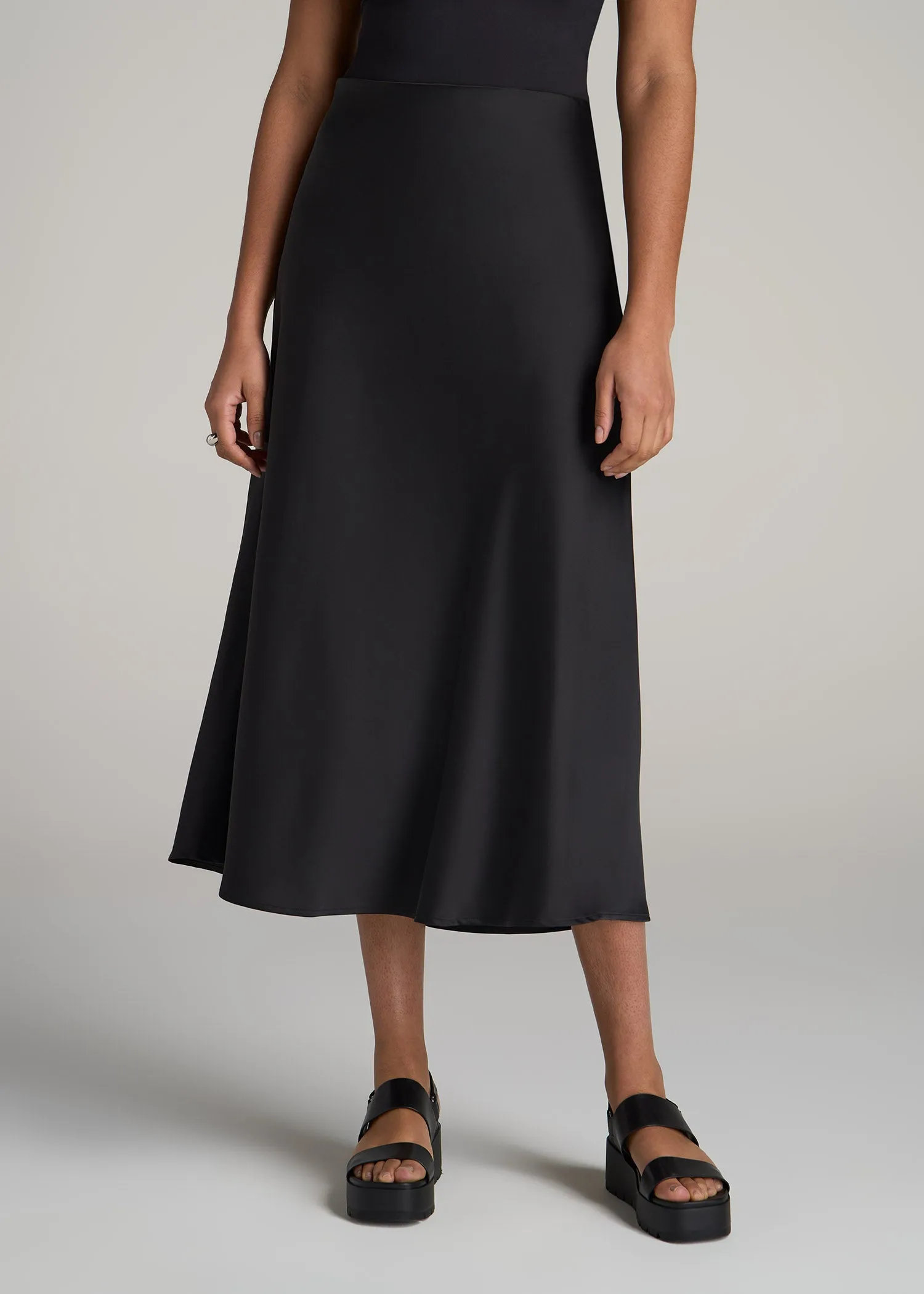 Pull-On Satin Midi Skirt for Tall Women in Black sold by American Tall