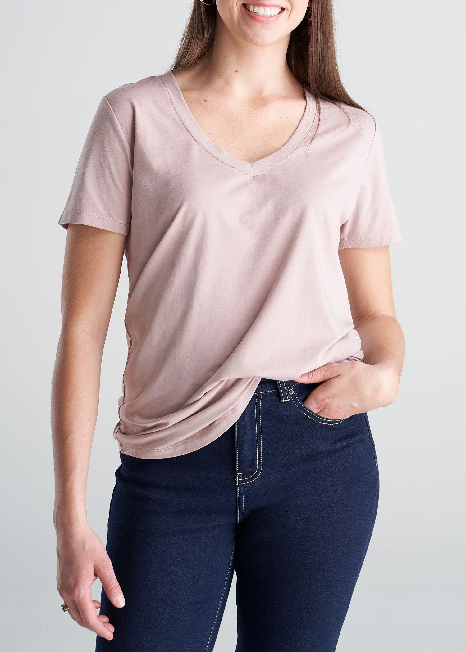 Women's Tall Scoop V-Neck Tee in Ballerina Pink sold by American Tall