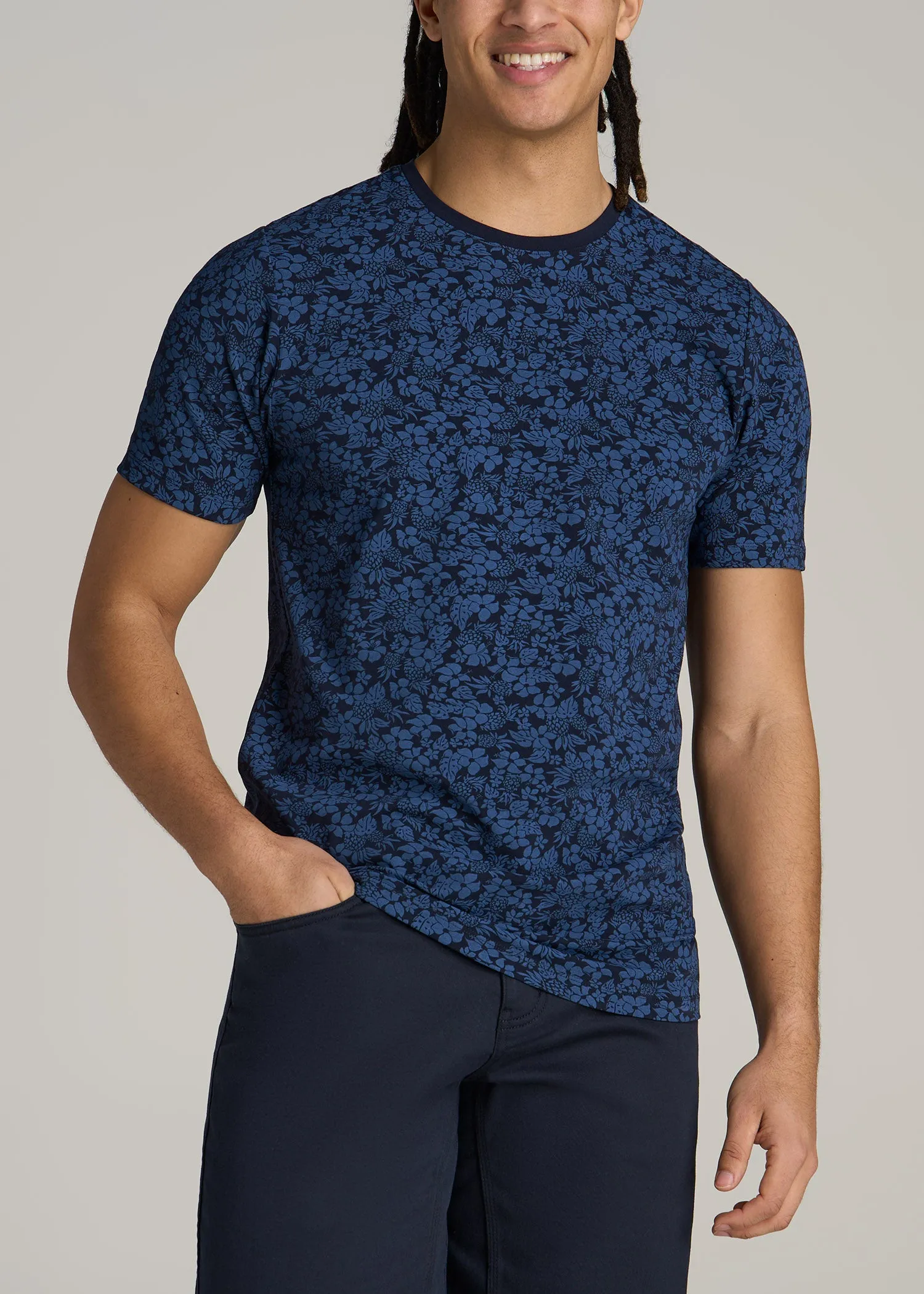 Stretch Pima Cotton Printed Tee for Tall Men in Blue Hibiscus sold by American Tall