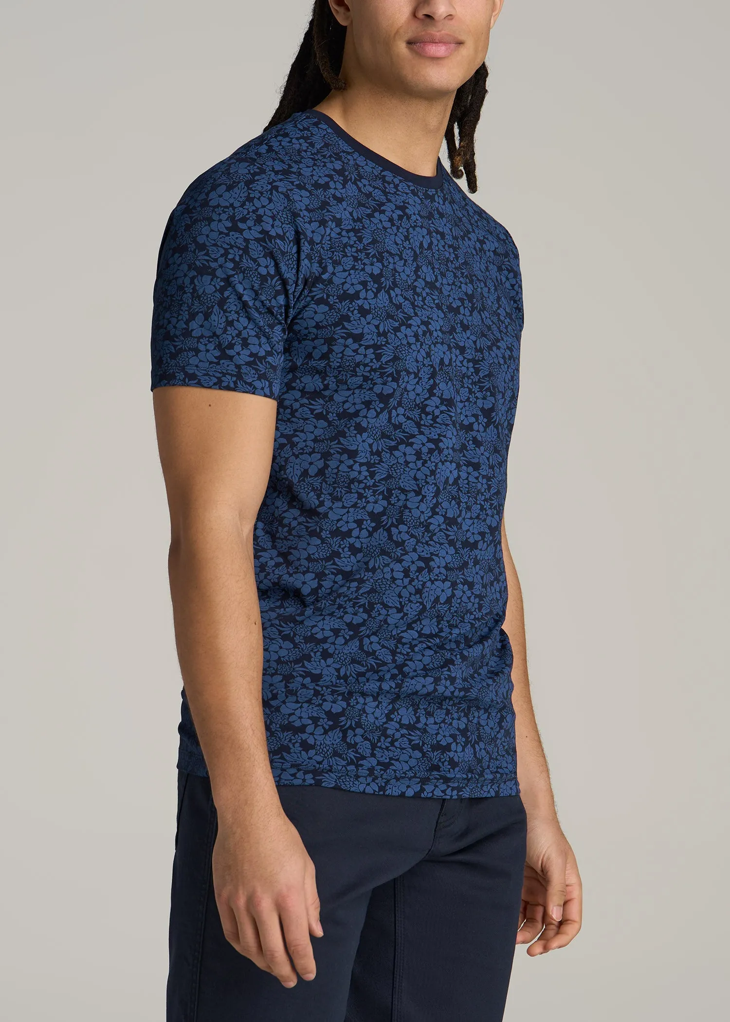 Stretch Pima Cotton Printed Tee for Tall Men in Blue Hibiscus sold by American Tall product image thumbnail 3