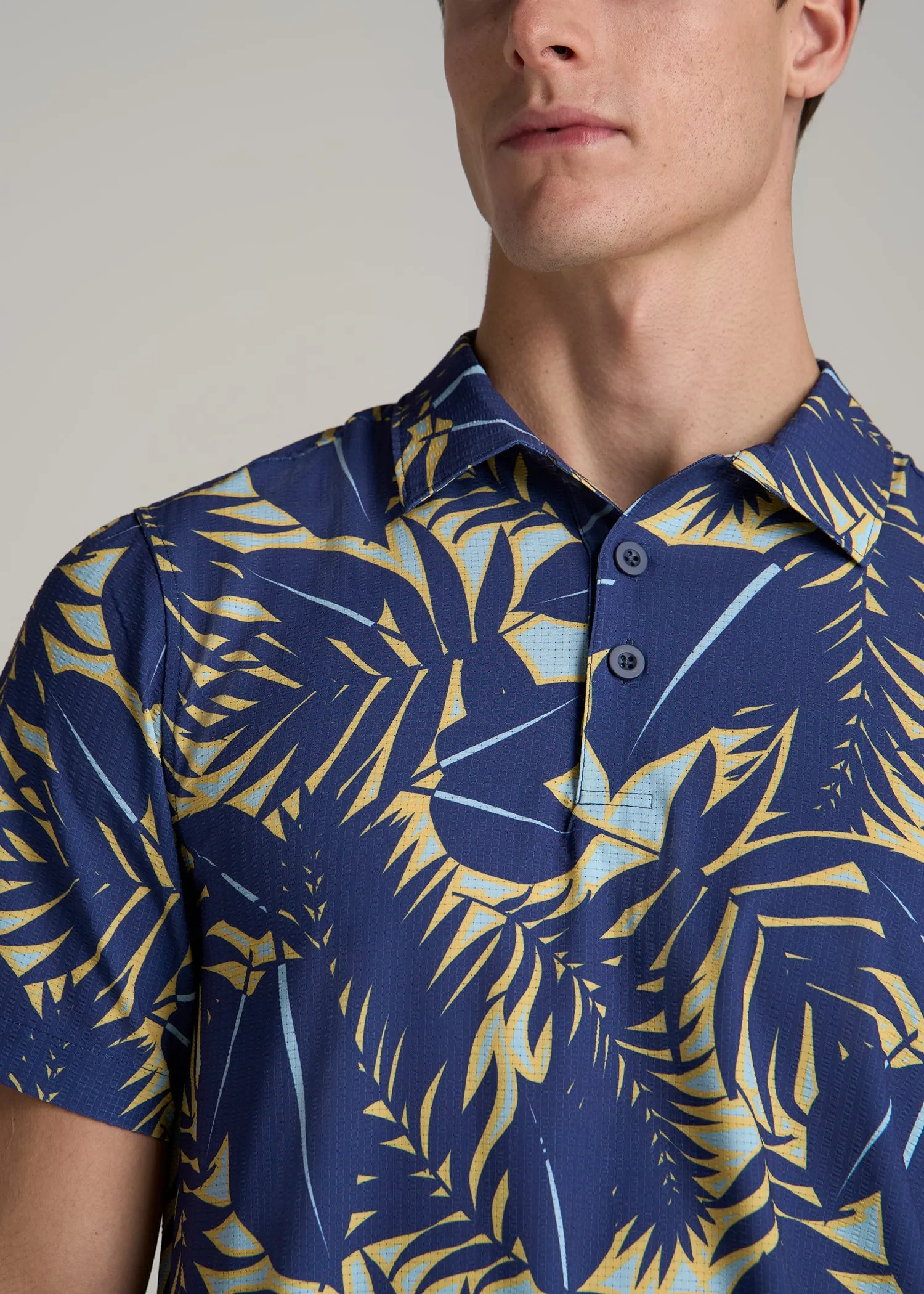 Coastal Perforated Polo Shirt for Tall Men in Twilight Blue Palms sold by American Tall product image thumbnail 2