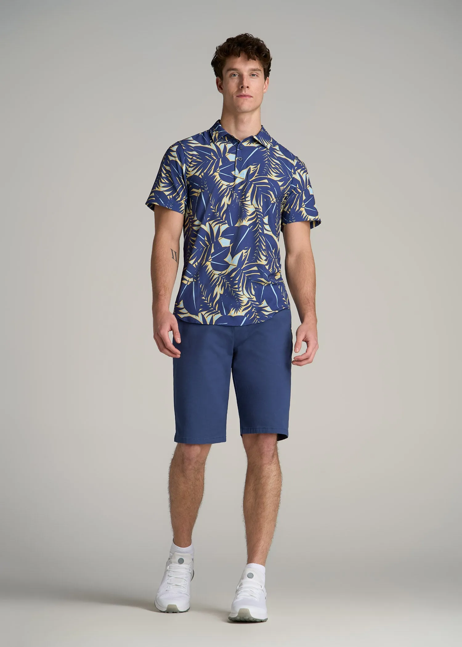 Coastal Perforated Polo Shirt for Tall Men in Twilight Blue Palms sold by American Tall product image thumbnail 4